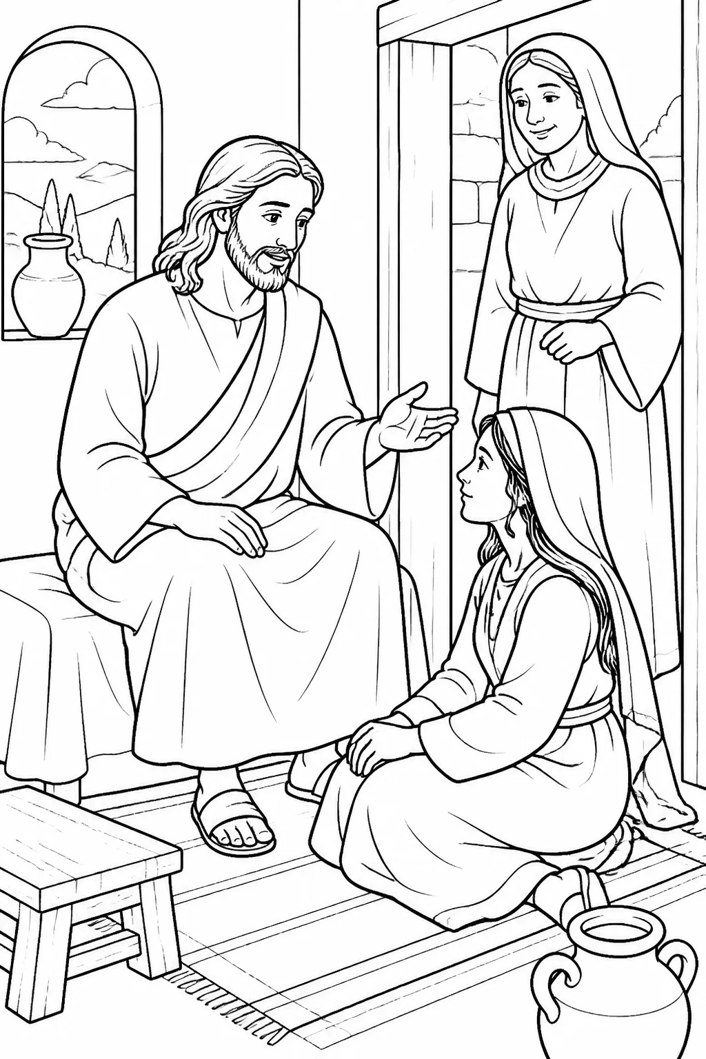 Mary sitting at Jesus’ feet in Martha’s home and listening attentively to Jesus’ teaching.
