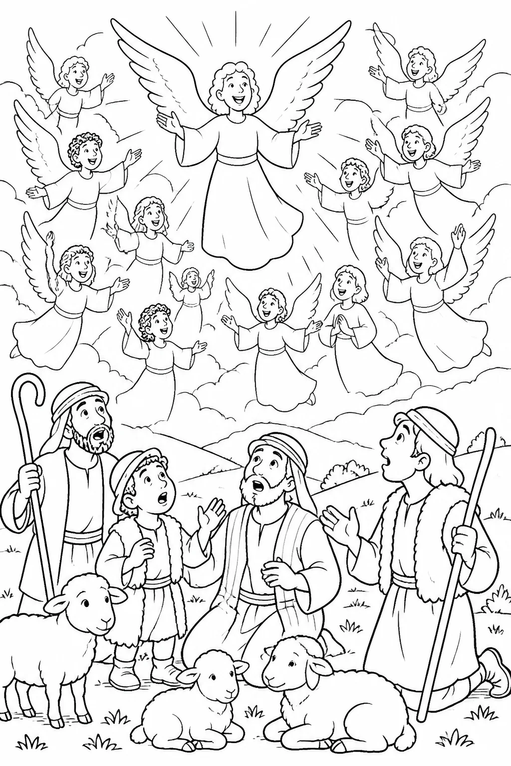 An angel of the Lord and a multitude of the heavenly host praise God above shepherds in the fields during the announcement of Jesus’ birth.