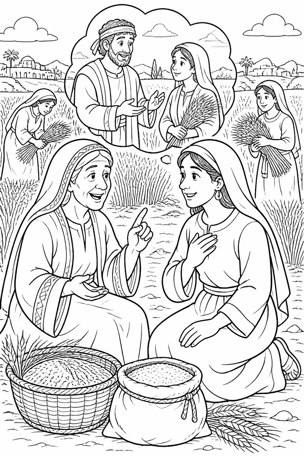 Ruth and Naomi discuss Ruth’s gleaning in Boaz’s field and the provision of gathered grain during the barley and wheat harvests.