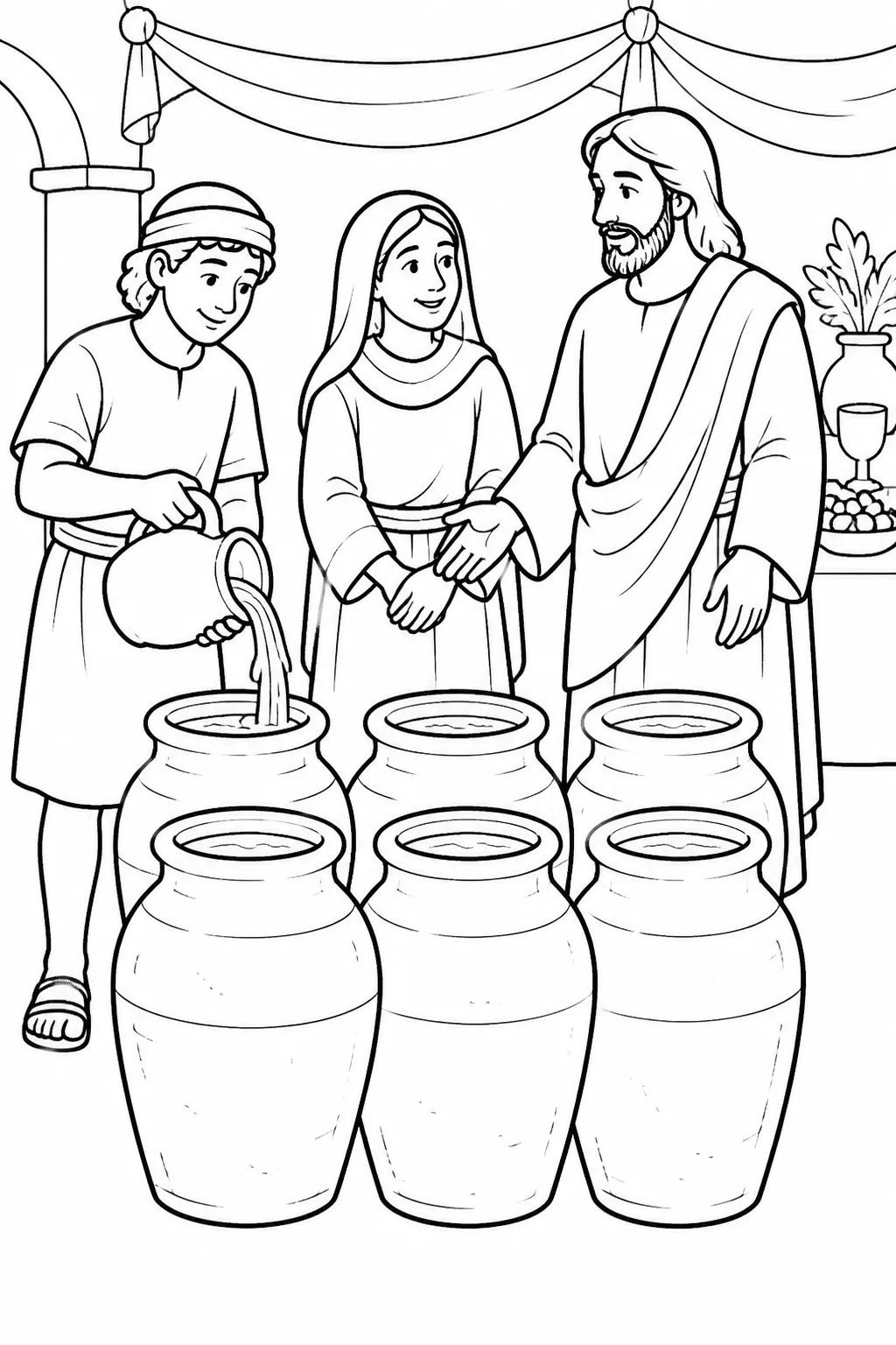 Six stone water jars with water near a wedding setting at Cana, connected with Jesus’ first sign in John 2:6.