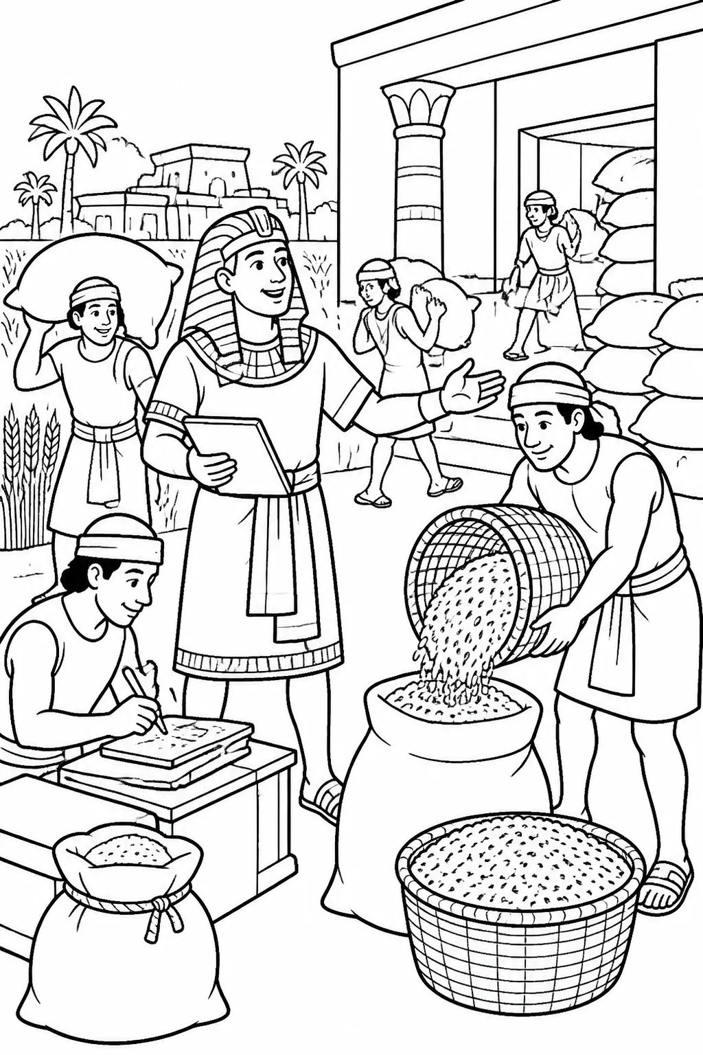 Joseph supervises workers carrying abundant grain from Egyptian fields into city storehouses, with baskets, sacks, measuring tools, and records.
