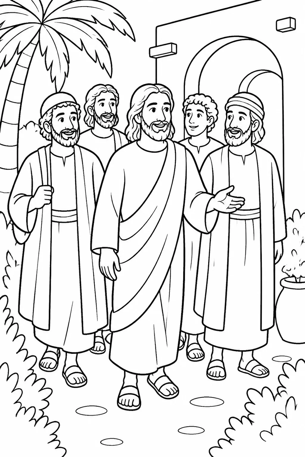 Jesus and several disciples arrive as invited guests at a simple wedding setting in Cana of Galilee.