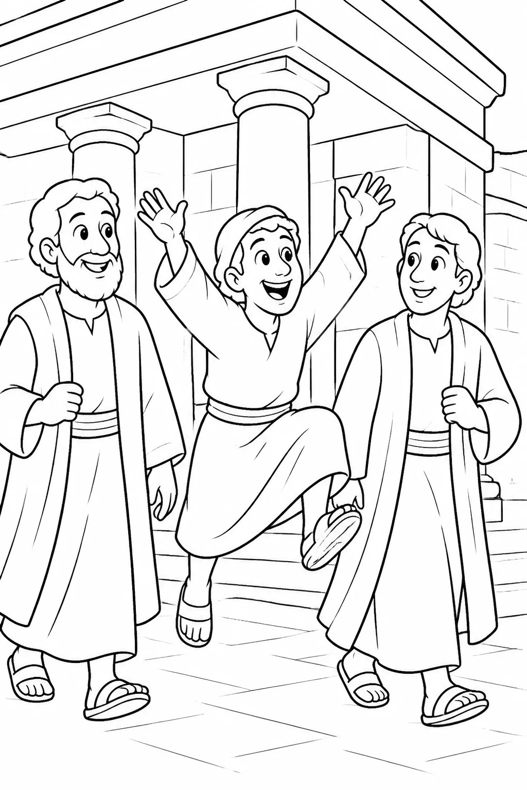 The healed man enters the temple with Peter and John, walking, leaping, and praising God.
