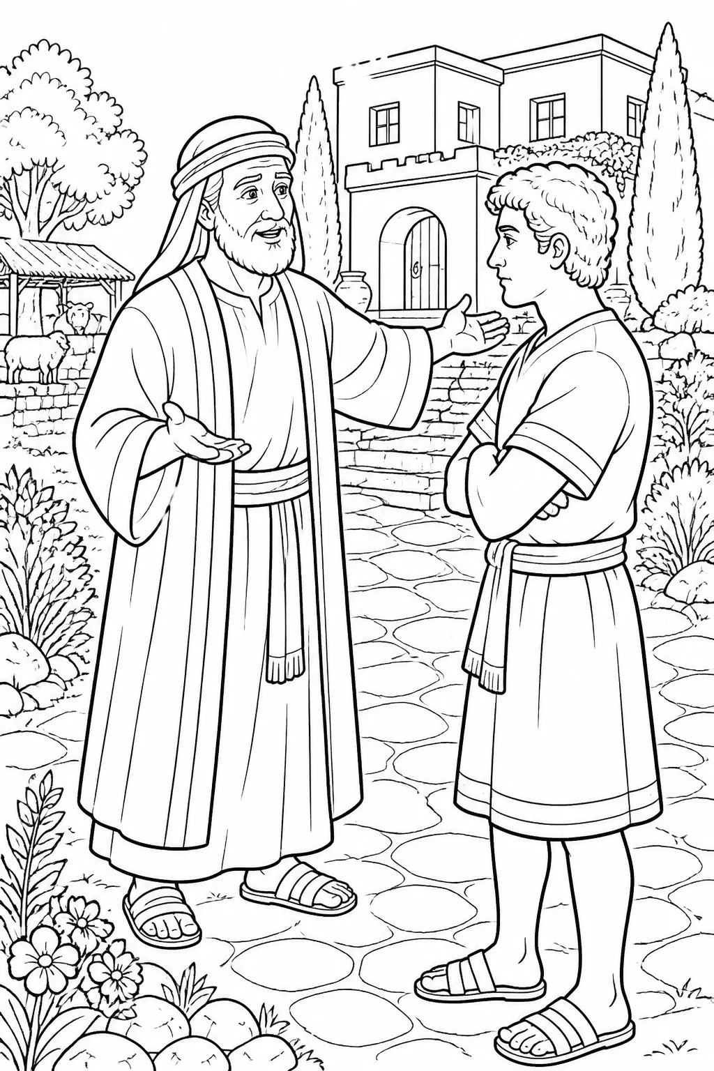 The father speaks with the older son beside the father’s house and property, explaining why celebrating the returning brother is fitting.