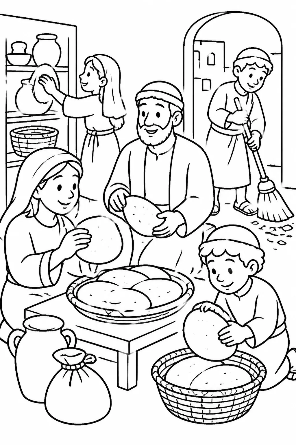 Israelite families gather in an Israelite house with unleavened bread and household items associated with removing leaven, representing the commanded festival in Exodus 12:14–20.