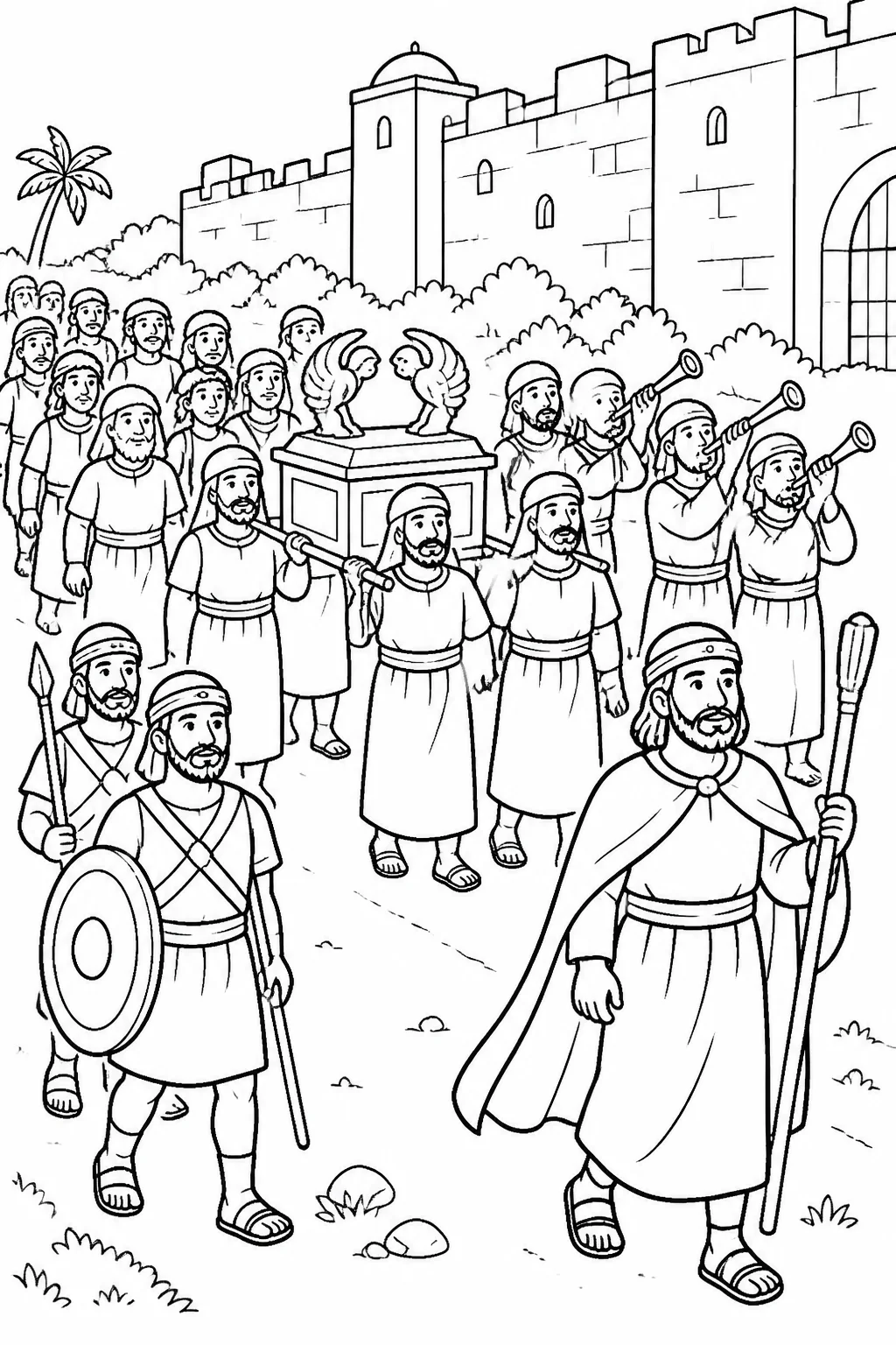 Joshua leads the priests, armed men, and people of Israel in a quiet procession with the ark and trumpets around Jericho’s standing wall during the first six days.