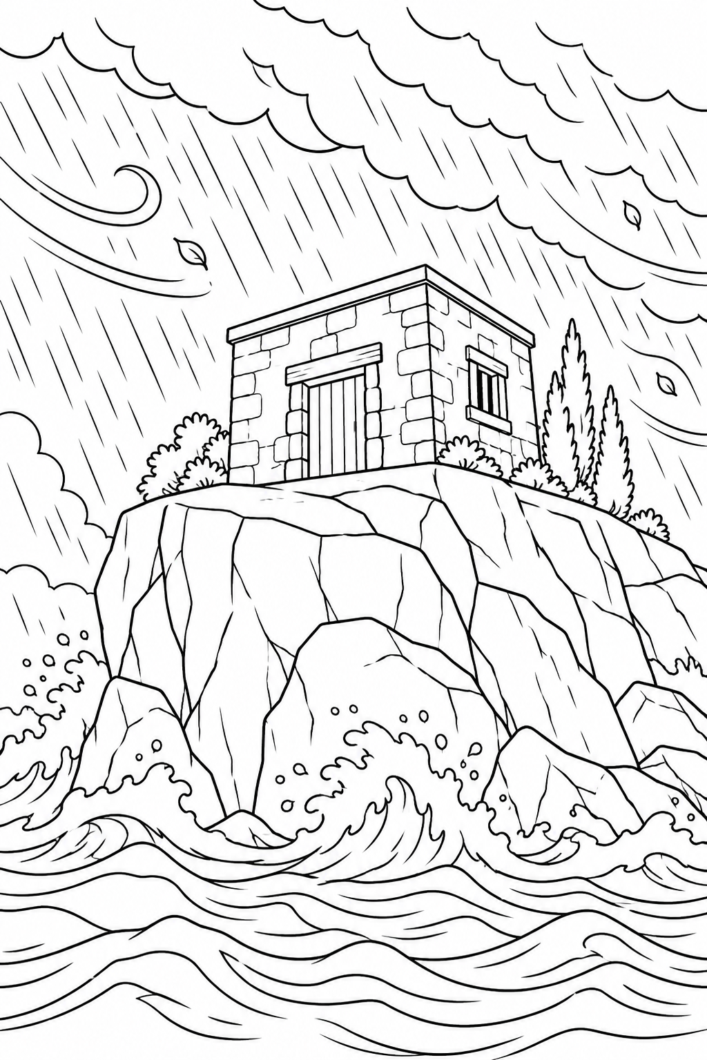 The House on the Rock from The Wise and Foolish Builders Bible coloring page