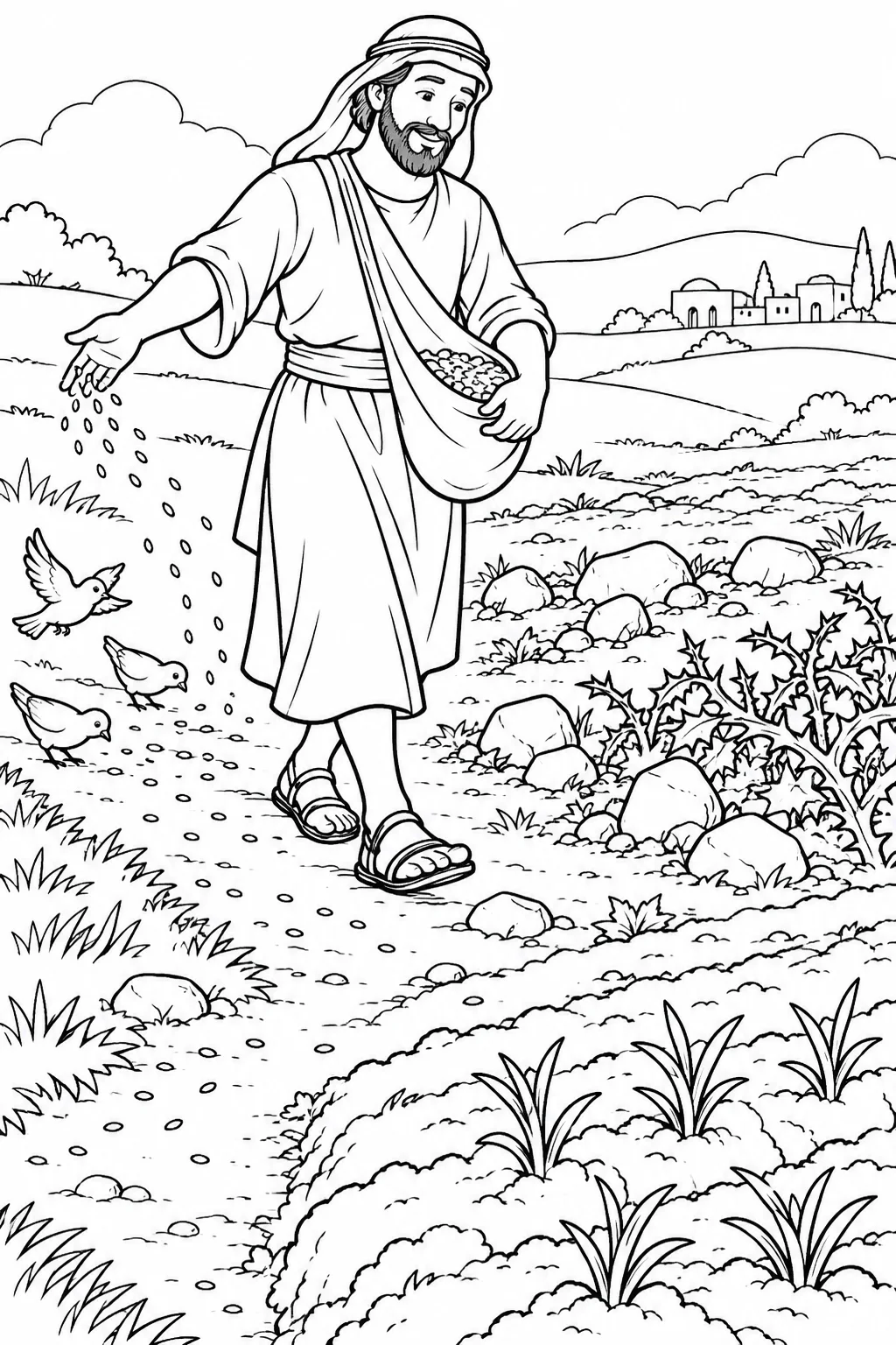 A Farmer Scatters Seed Bible coloring page