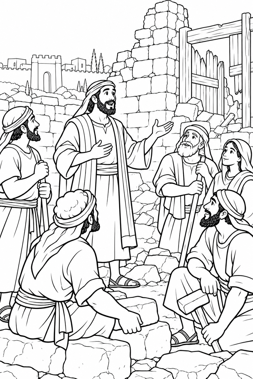 Nehemiah Encourages the Builders from Nehemiah Rebuilds the Wall Bible coloring page