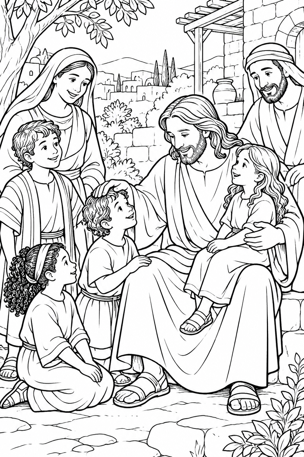 Jesus Blesses the Children from Jesus Welcomes Children Bible coloring page