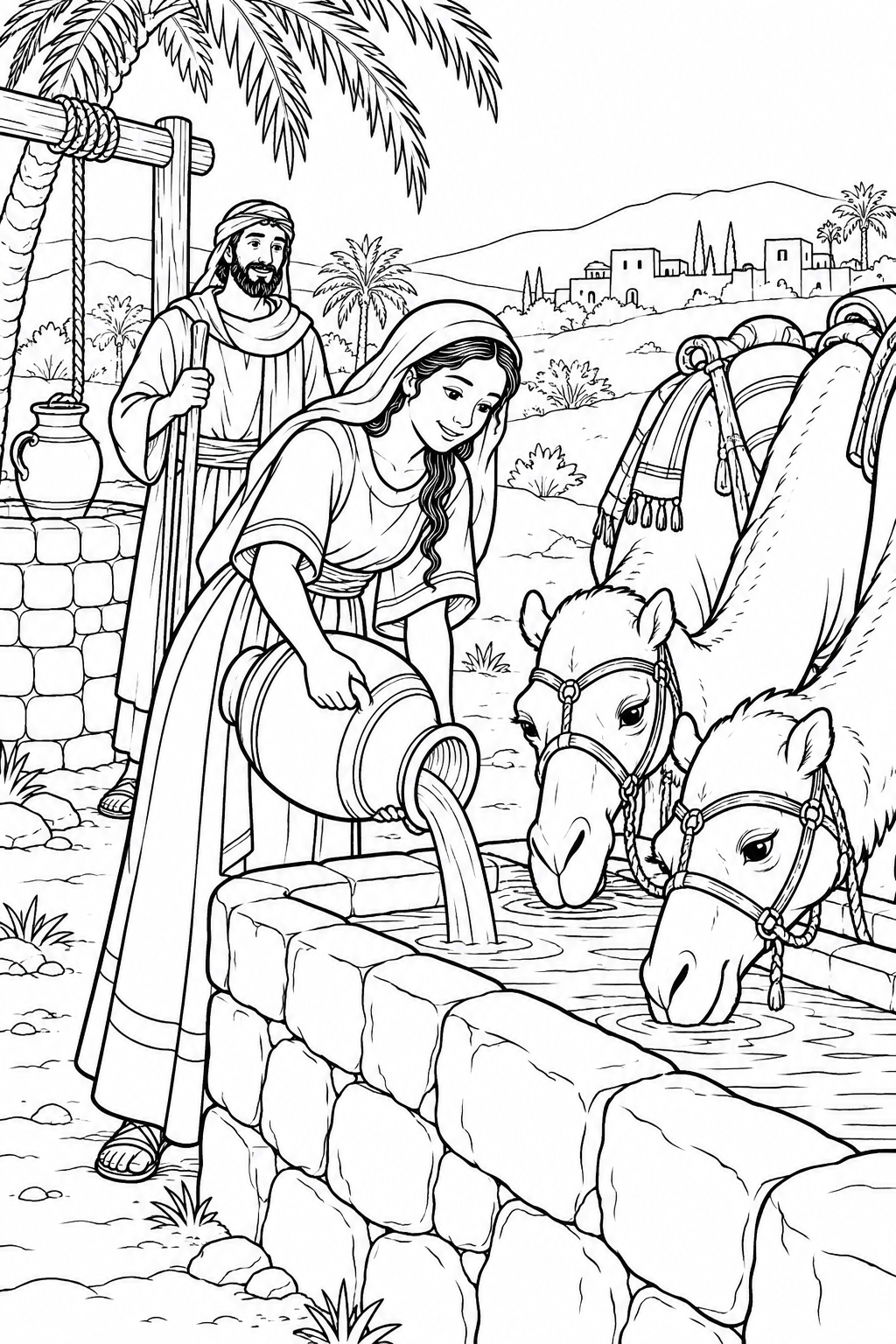 Water for the Camels from Rebekah at the Well Bible coloring page