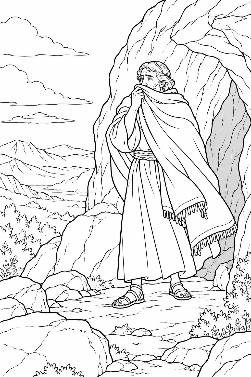 Elijah at the Cave Entrance from Elijah Hears the Gentle Whisper Bible coloring page