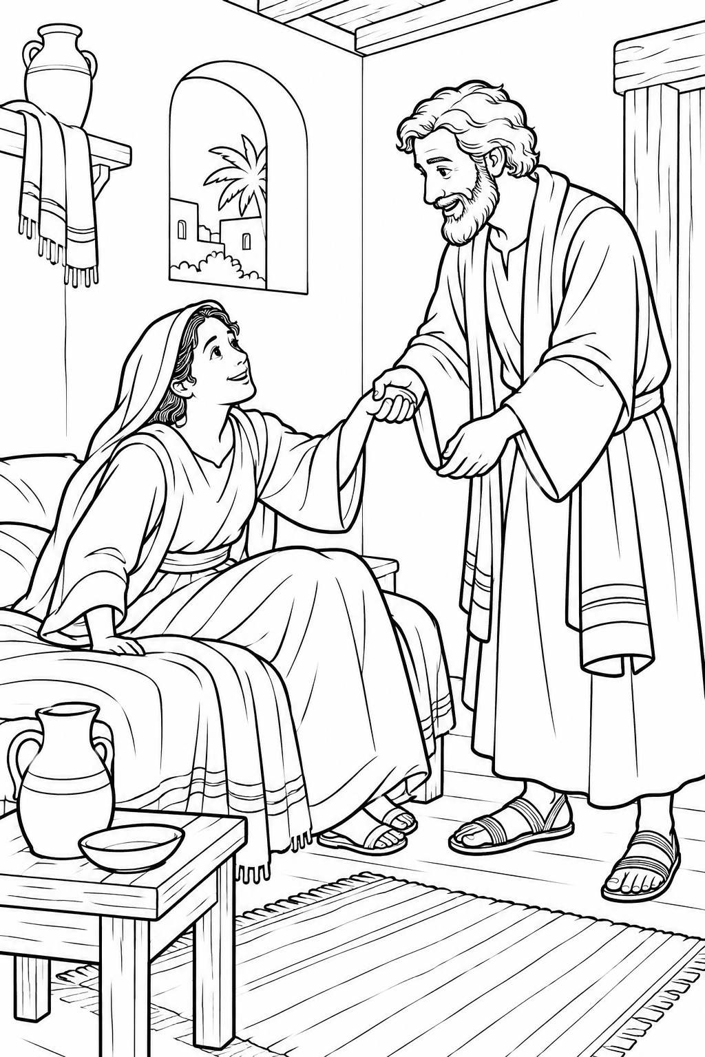 Peter Helps Tabitha Stand from Tabitha Is Restored to Life Bible coloring page