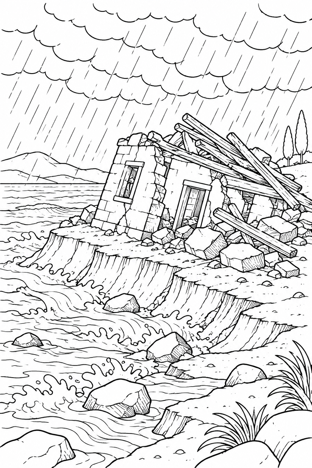 The House on the Sand from The Wise and Foolish Builders Bible coloring page