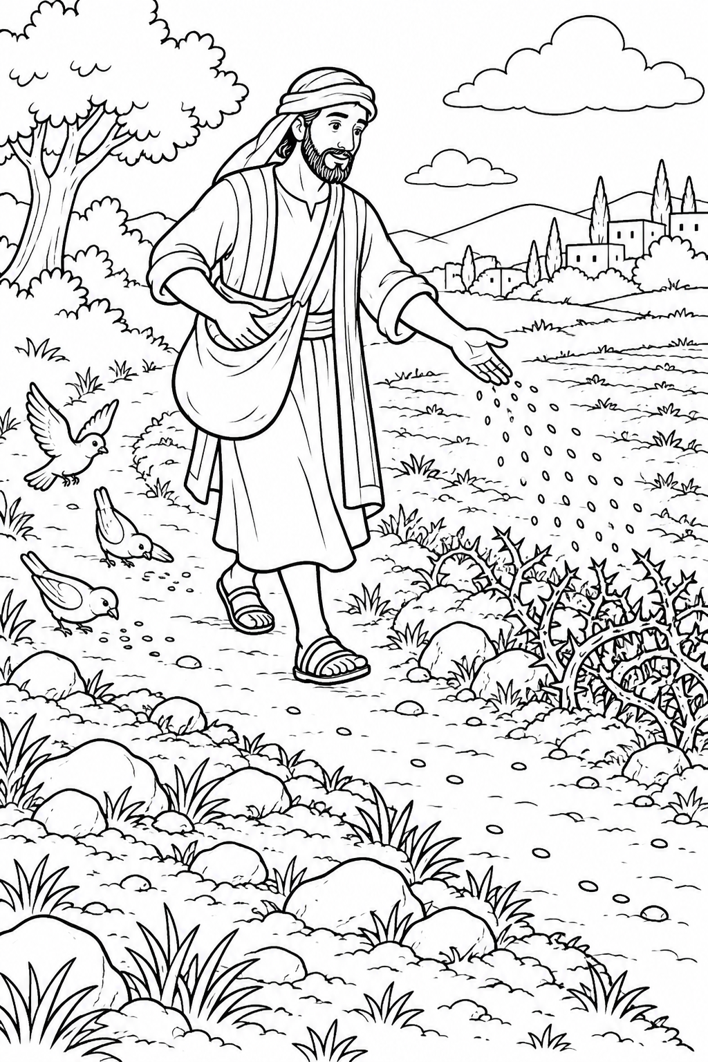 A Farmer Scatters Seed from The Parable of the Sower Bible coloring page