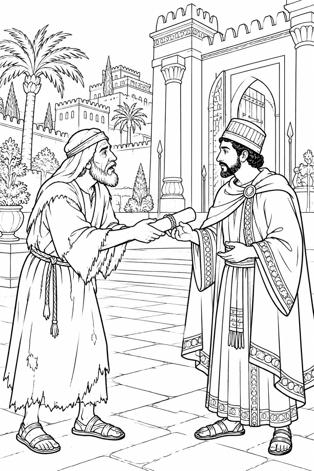 Mordecai Sends Esther a Message from Queen Esther Bible coloring page