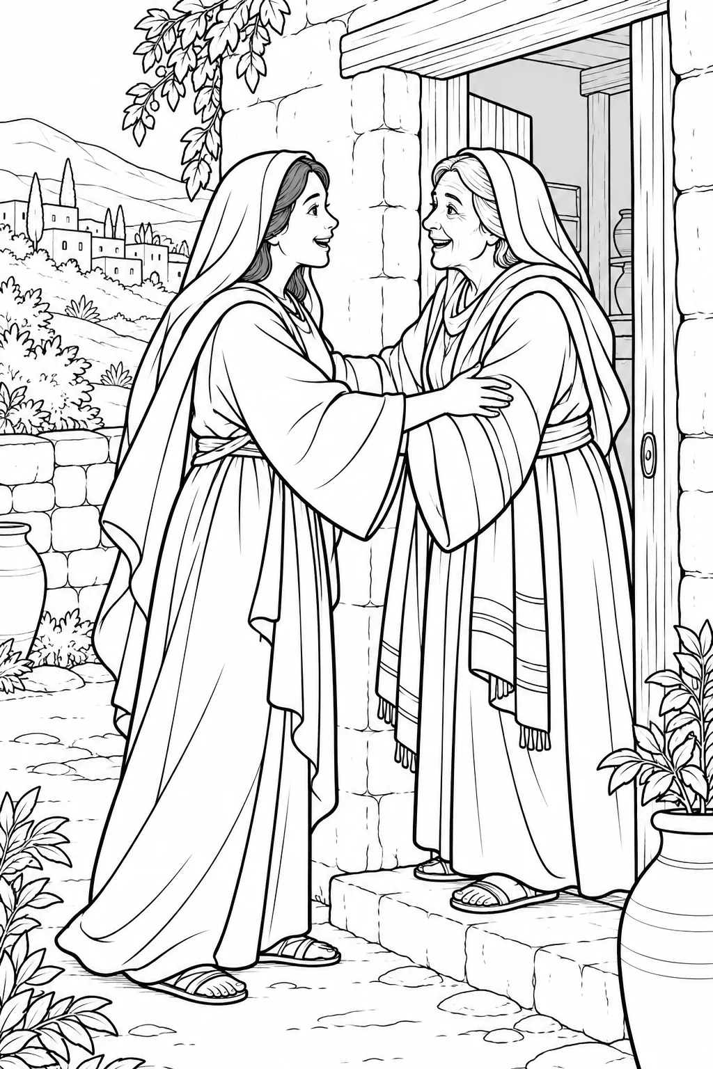 Mary Greets Elizabeth Bible coloring page