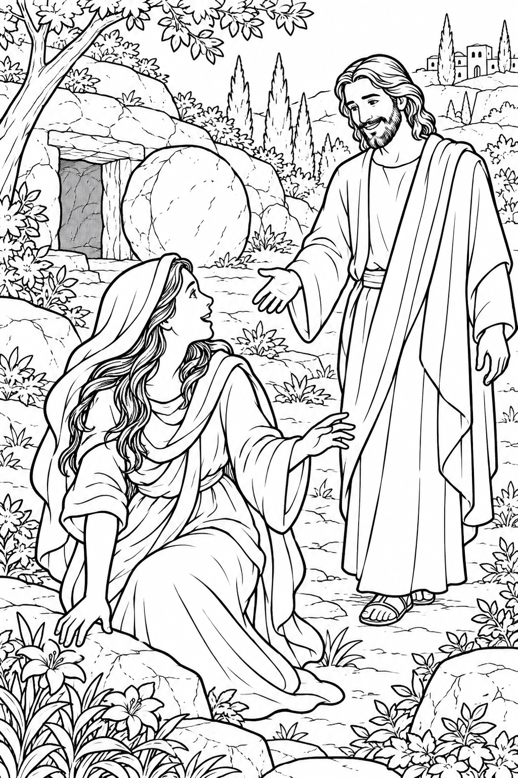 Mary Magdalene Recognizes Jesus from Jesus Appears to Mary Magdalene Bible coloring page