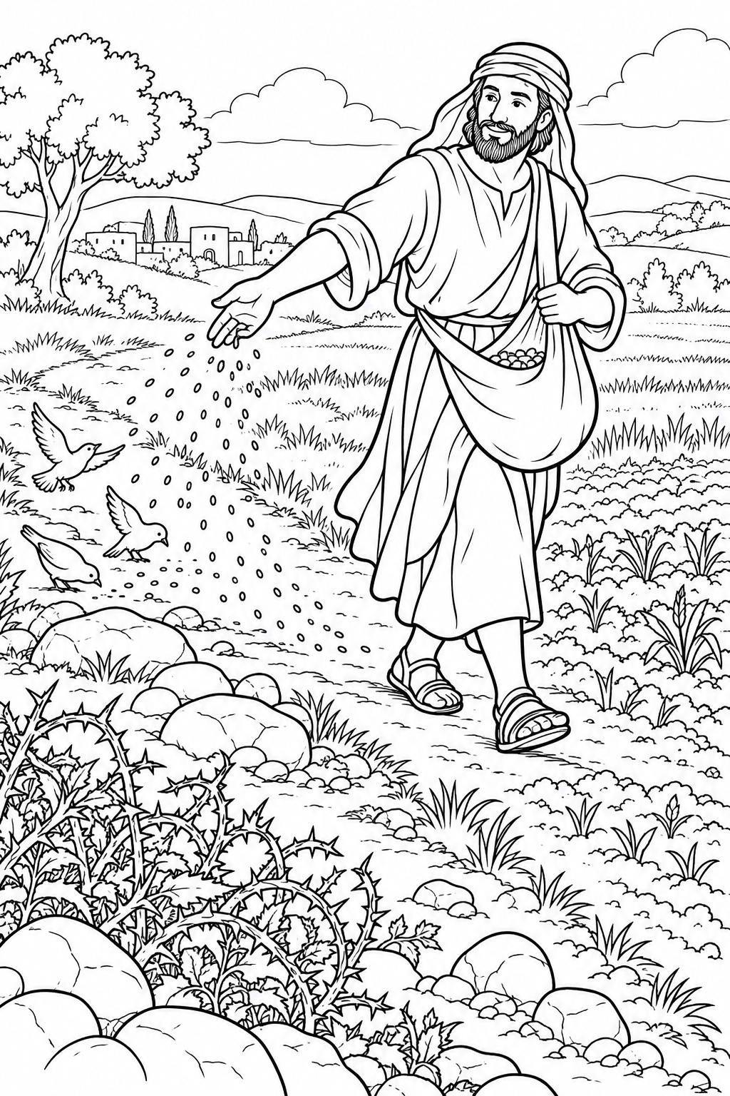 A Farmer Scatters Seed from The Parable of the Sower Bible coloring page