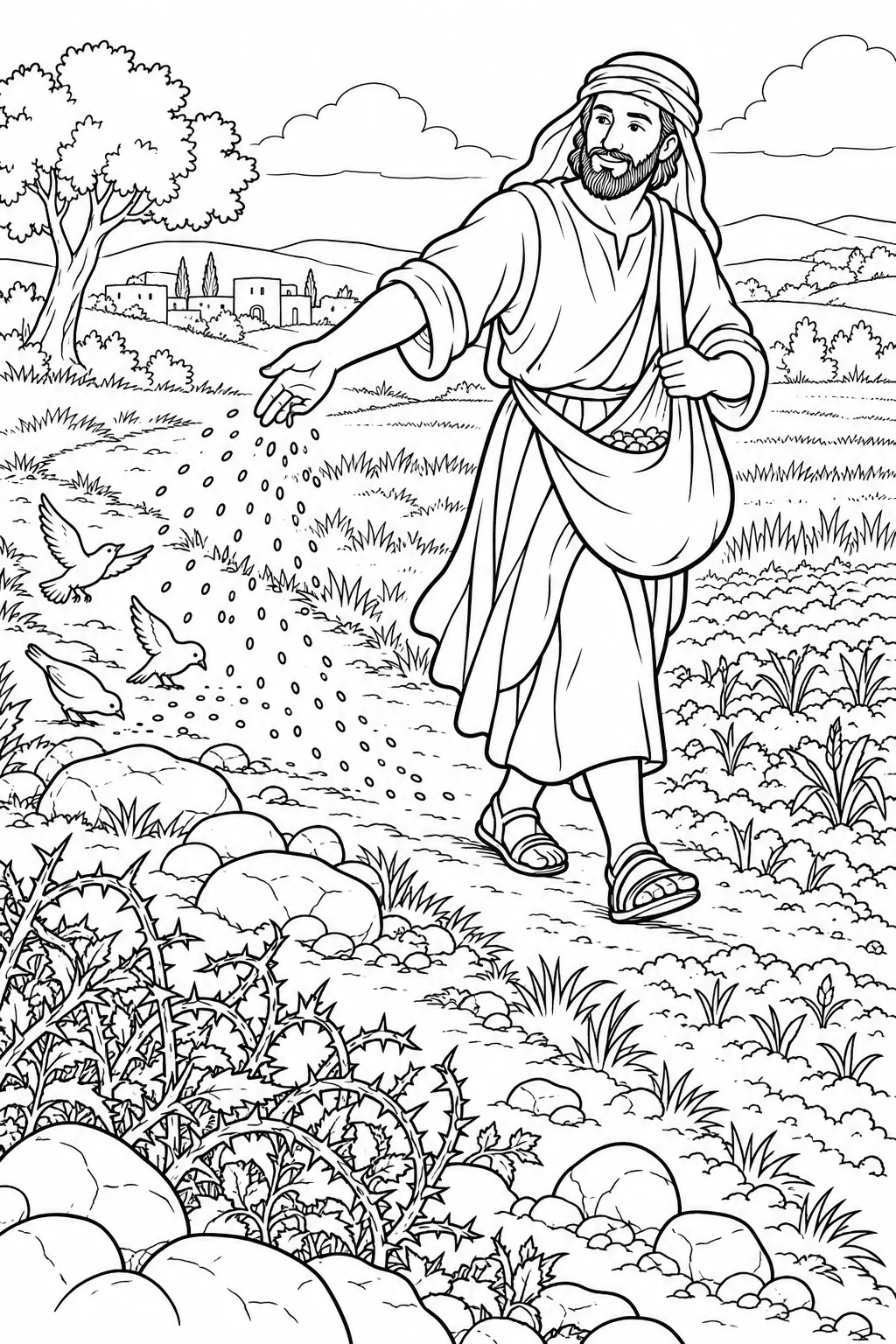 A Farmer Scatters Seed Bible coloring page