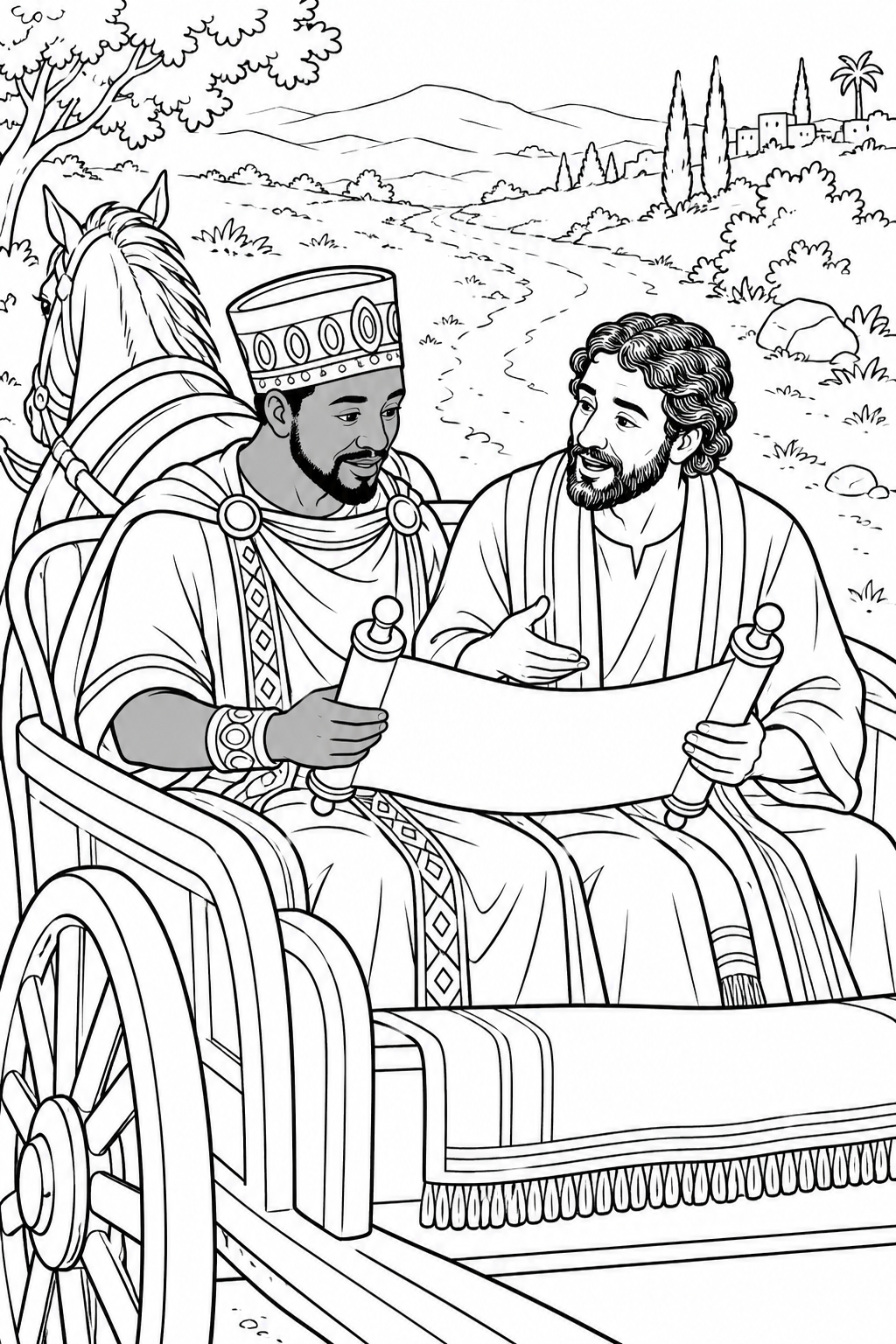 Philip Explains the Scroll from Philip and the Ethiopian Official Bible coloring page