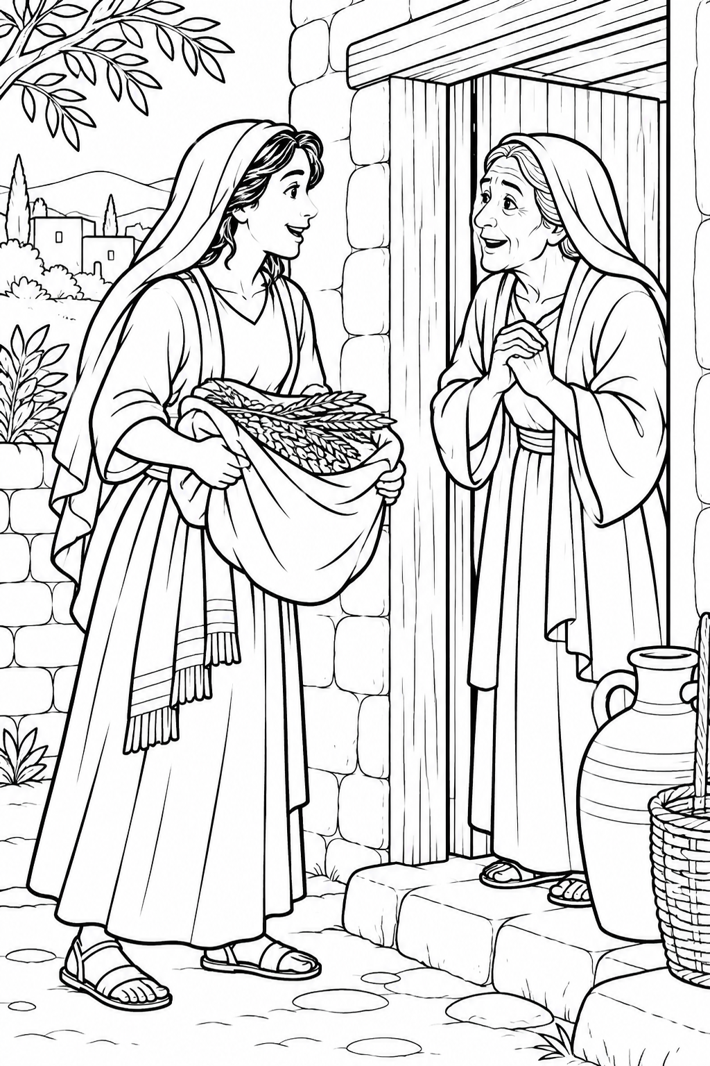 Ruth Brings Barley to Naomi from Ruth, Boaz, and Baby Obed Bible coloring page