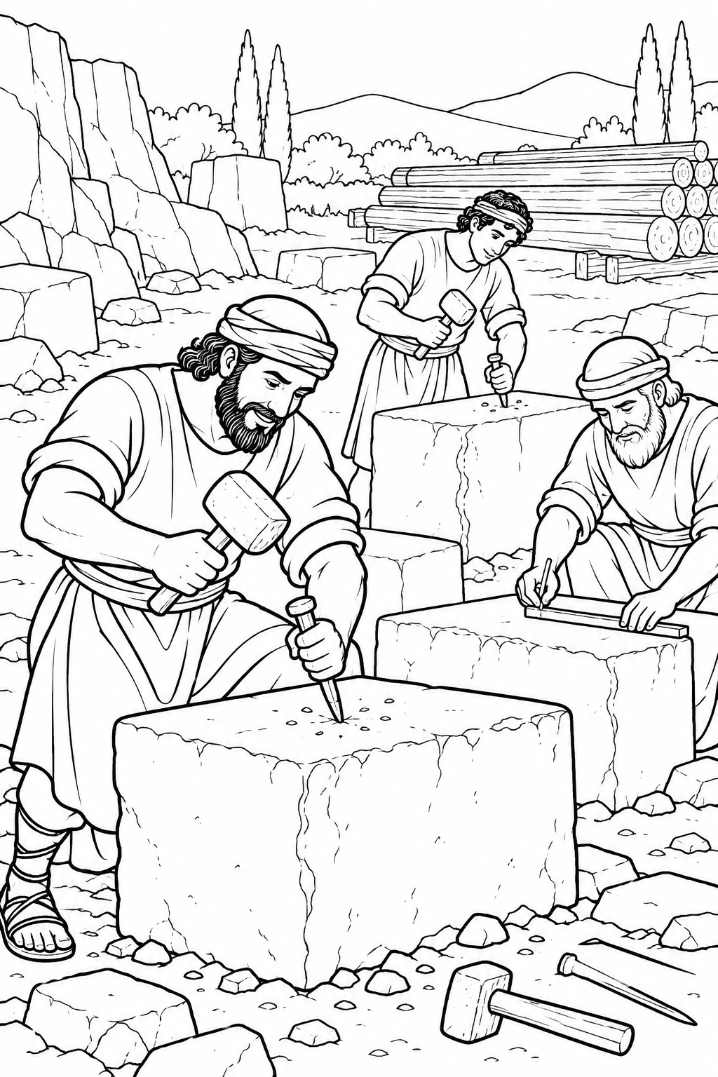 Workers Prepare the Foundation Stones from Solomon Builds the Temple Bible coloring page