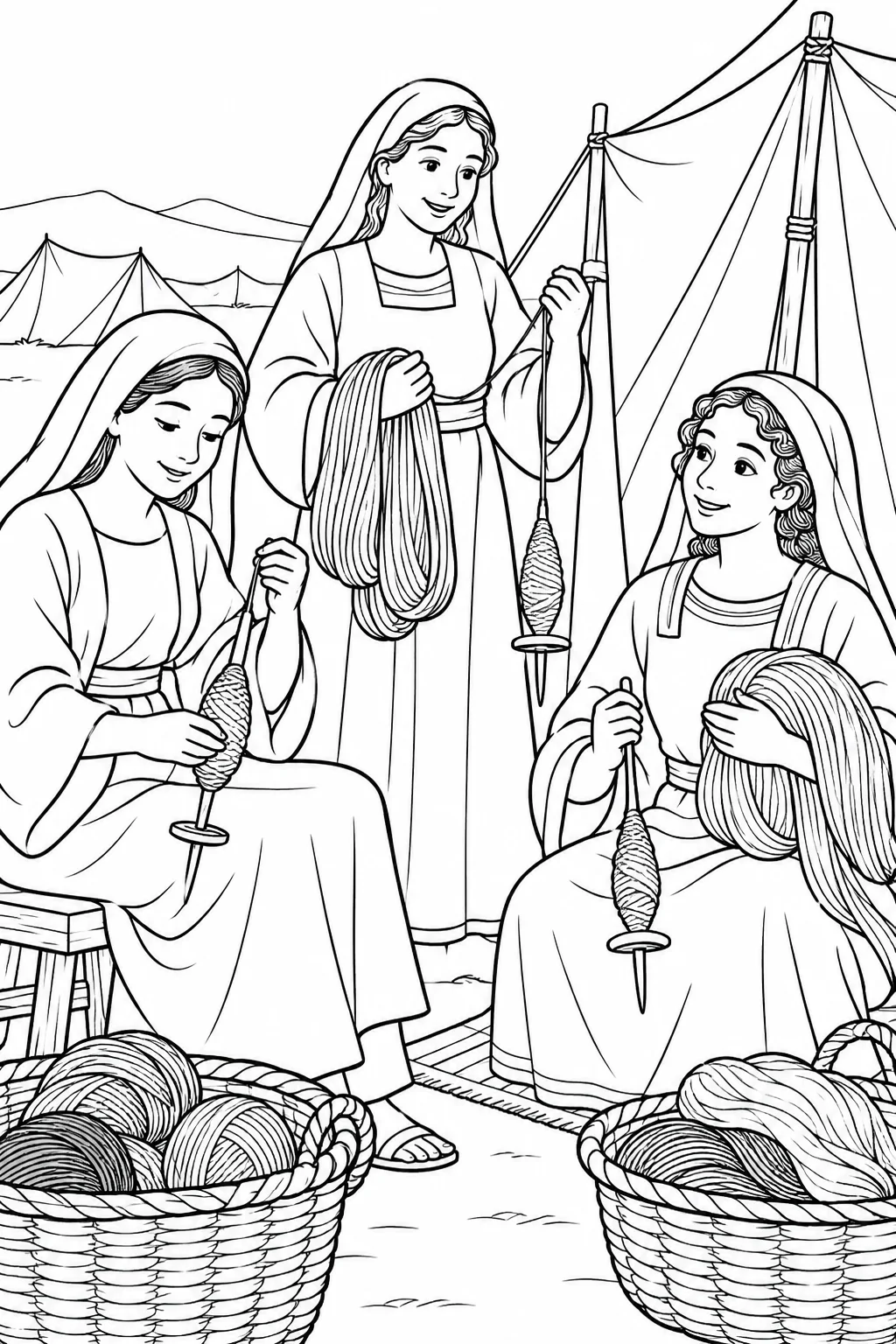 Women Prepare Thread for the Tabernacle Bible coloring page