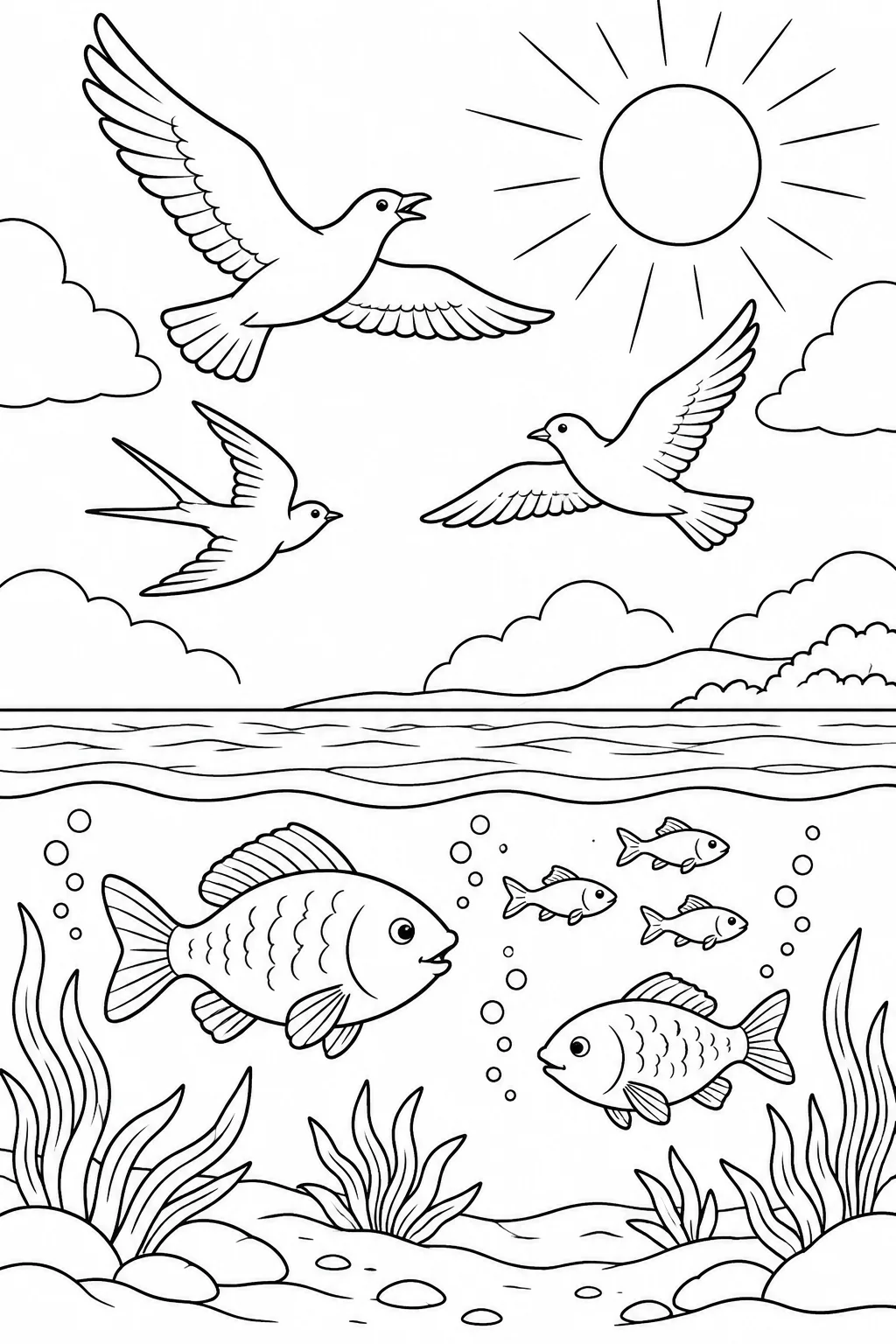 Fish and Birds Bible coloring page