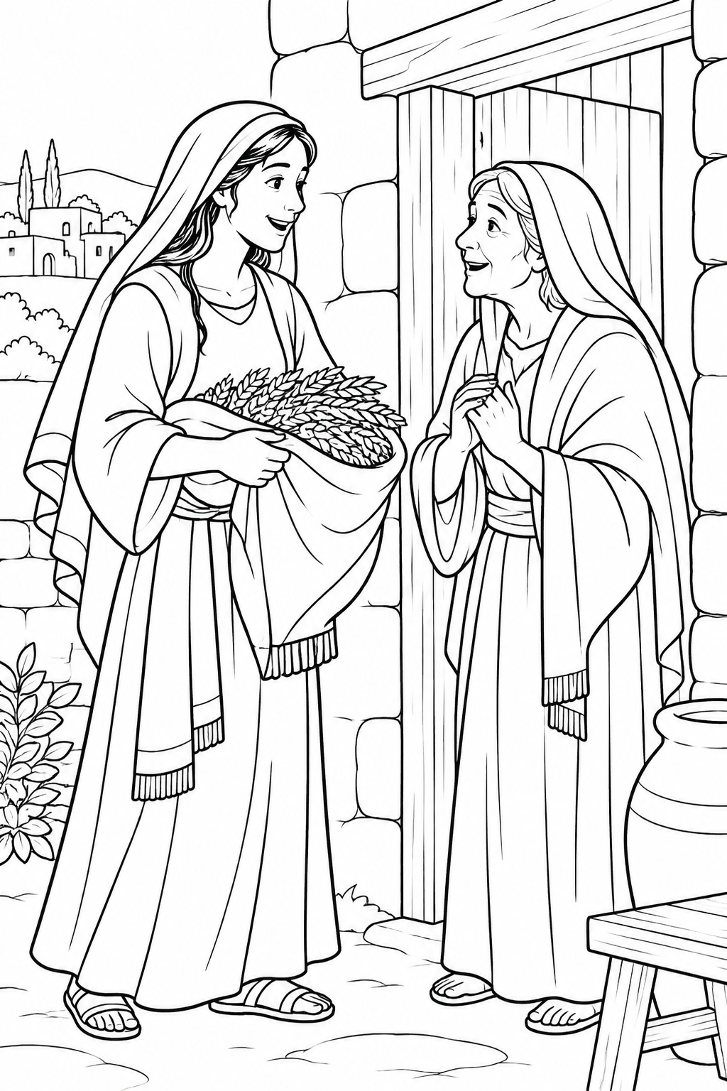 Ruth Brings Barley to Naomi from Ruth, Boaz, and Baby Obed Bible coloring page