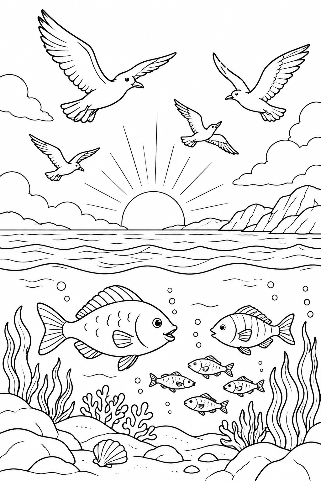 Fish and Birds from Creation of the World Bible coloring page
