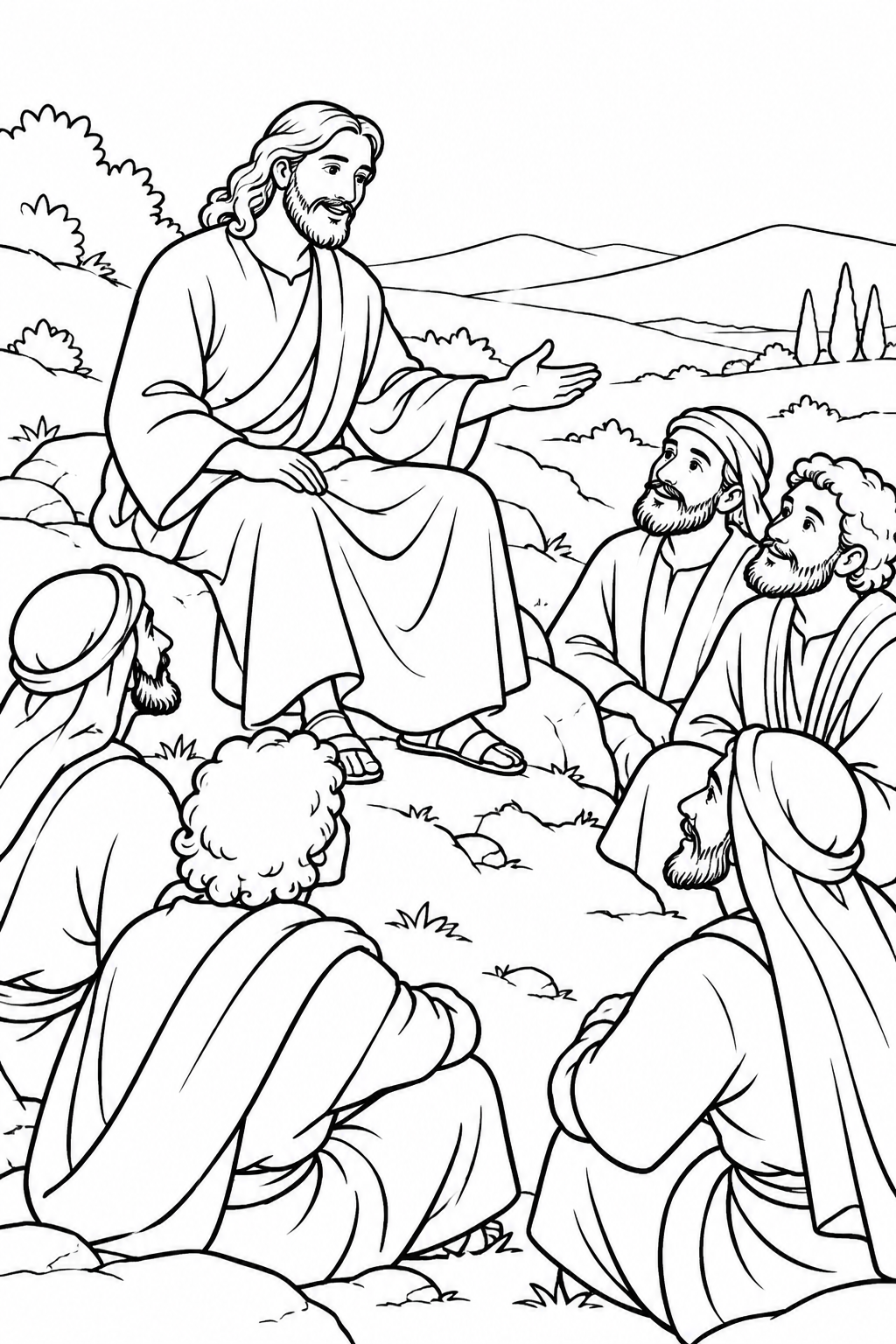 Jesus Teaches on the Mountain from The Sermon on the Mount Bible coloring page