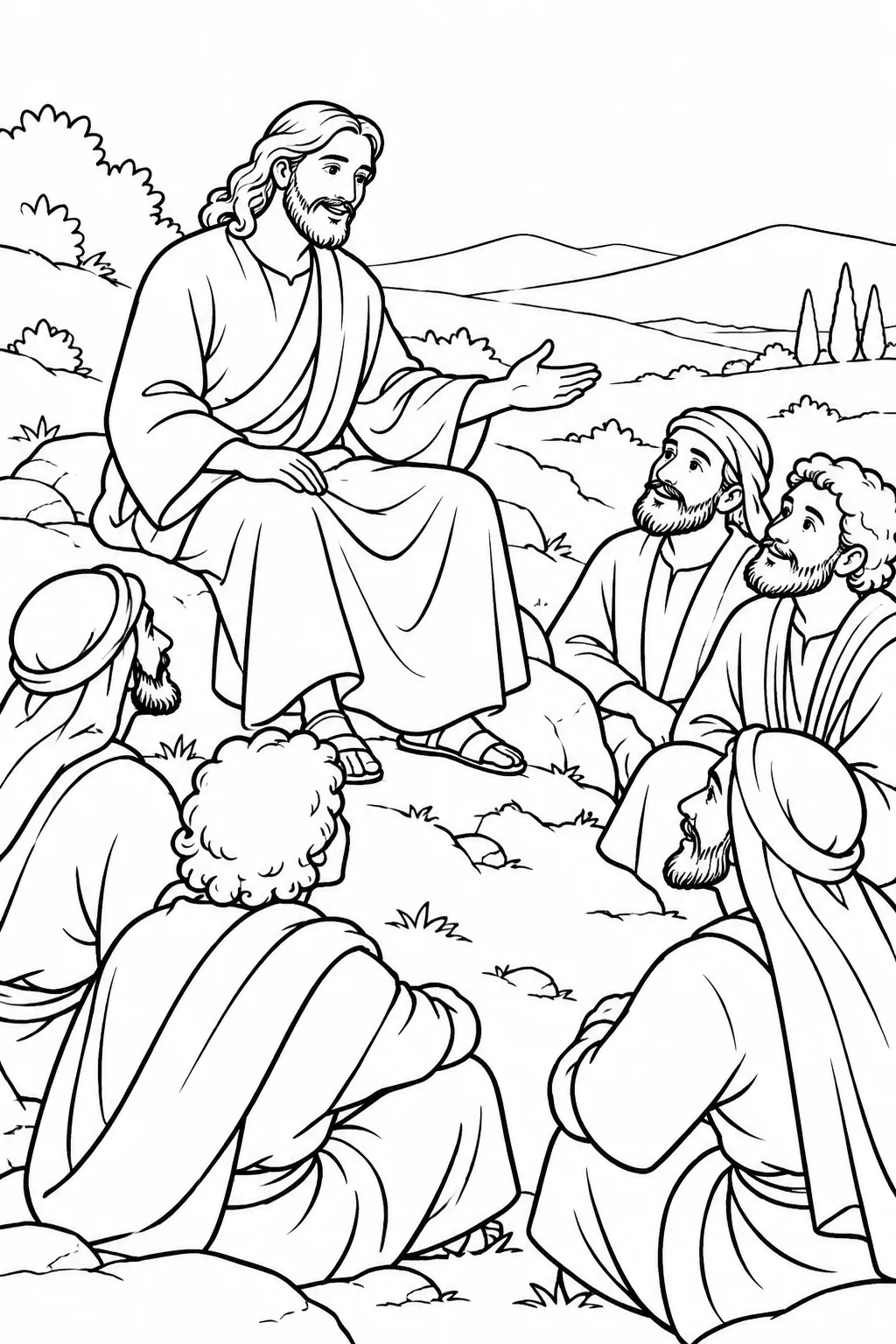 Jesus Teaches on the Mountain Bible coloring page