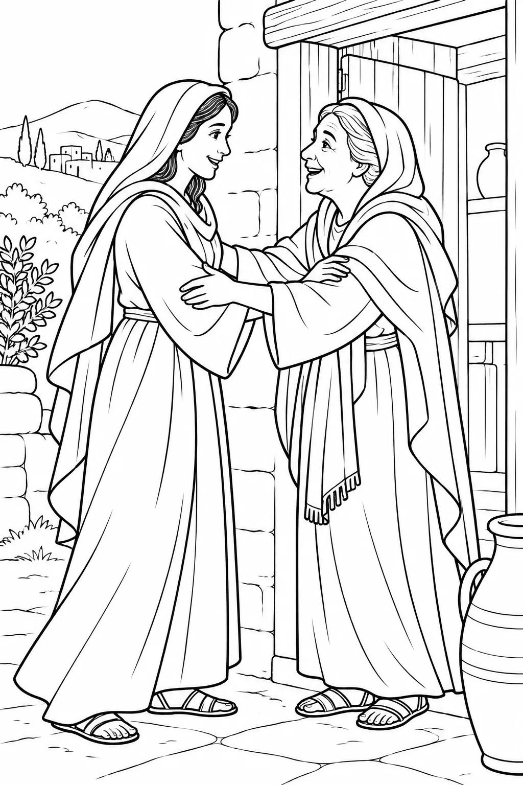 Mary Greets Elizabeth Bible coloring page
