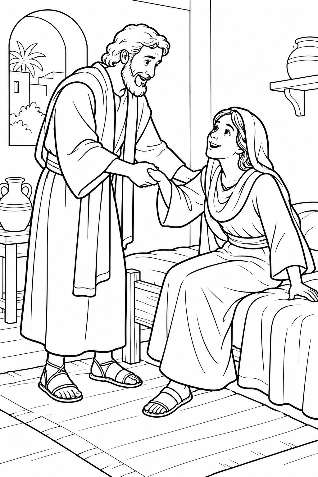 Peter Helps Tabitha Stand from Tabitha Is Restored to Life Bible coloring page
