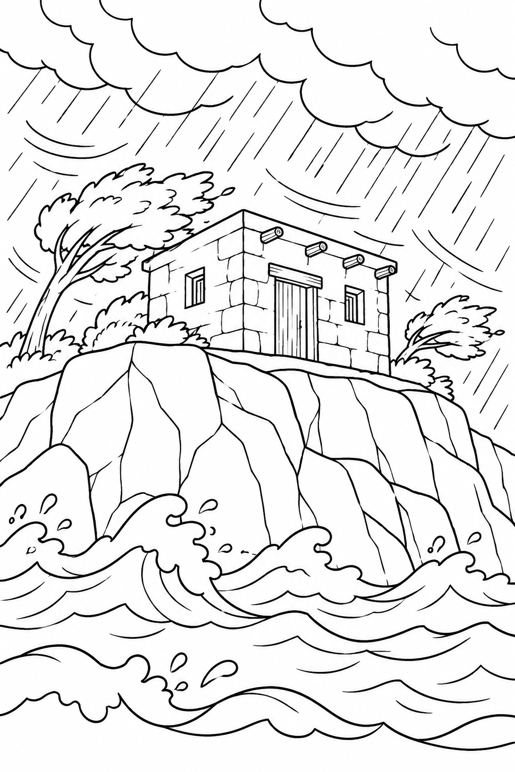 The House on the Rock from The Wise and Foolish Builders Bible coloring page