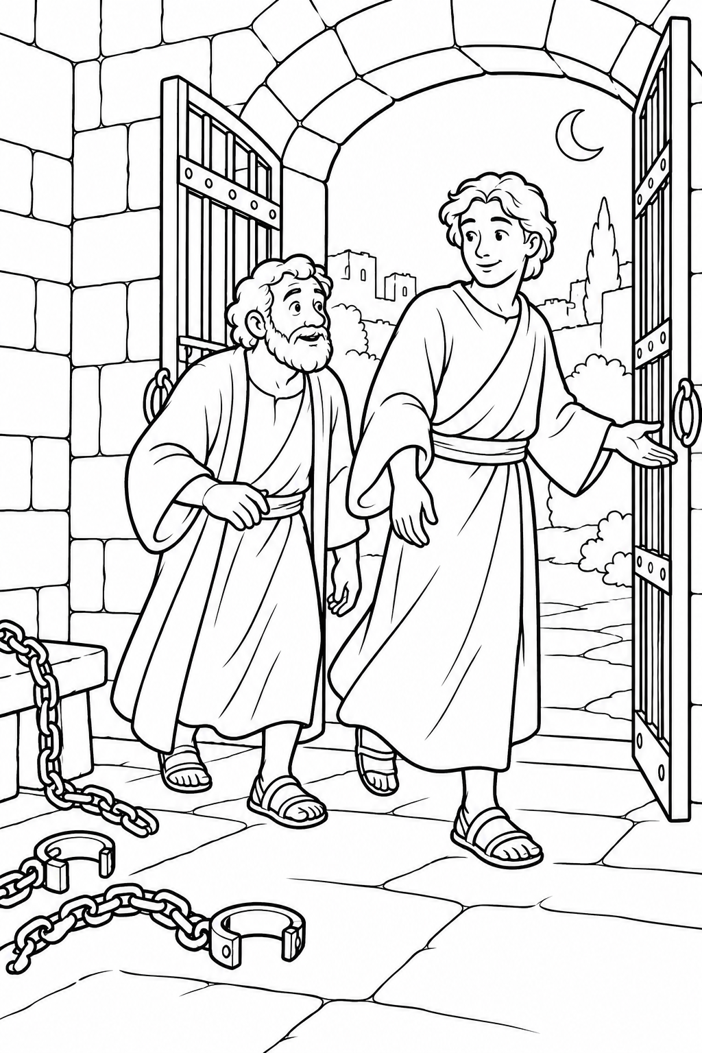 Peter Follows the Angel from Peter Is Released from Prison Bible coloring page