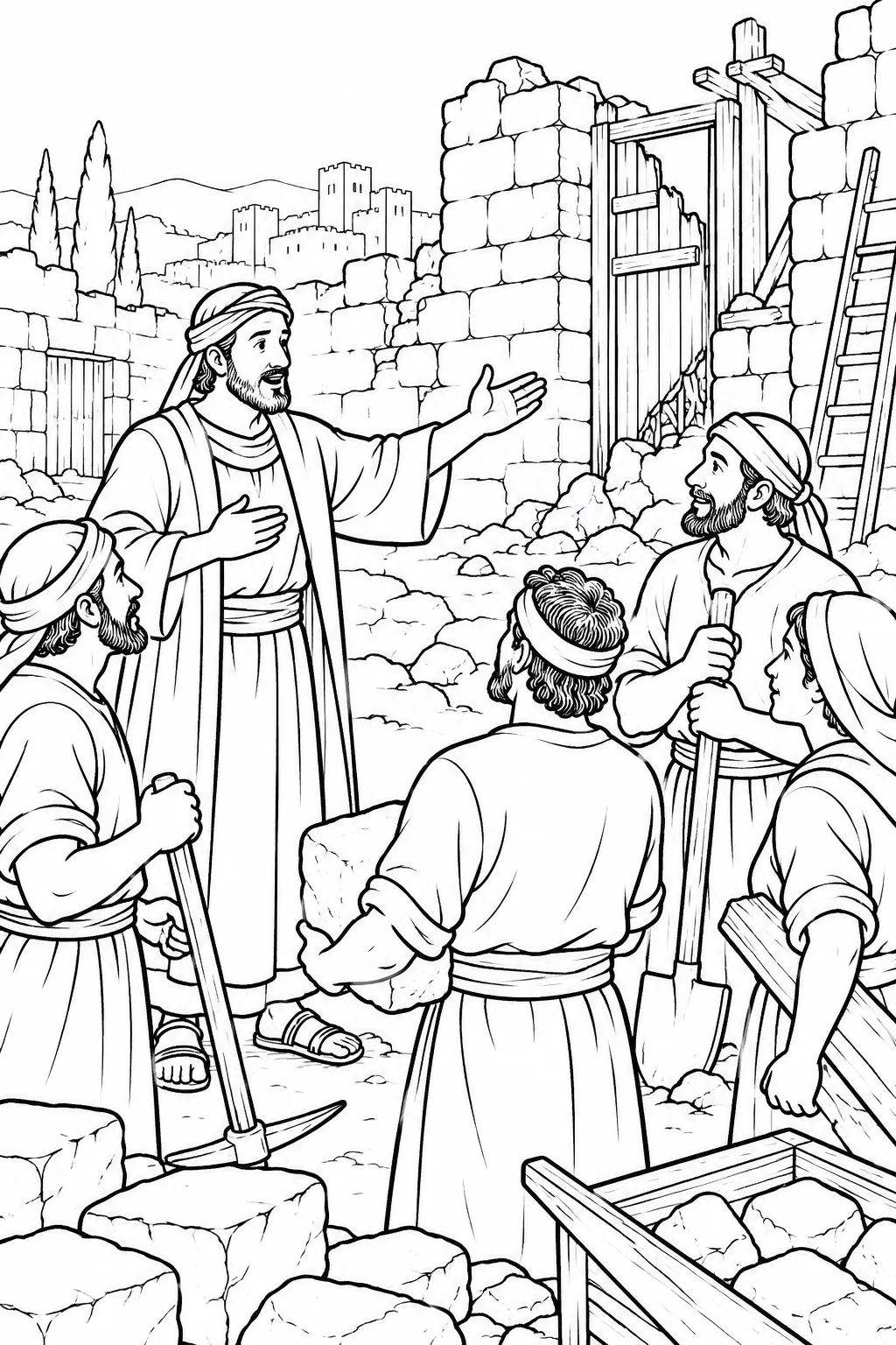 Nehemiah Encourages the Builders Bible coloring page