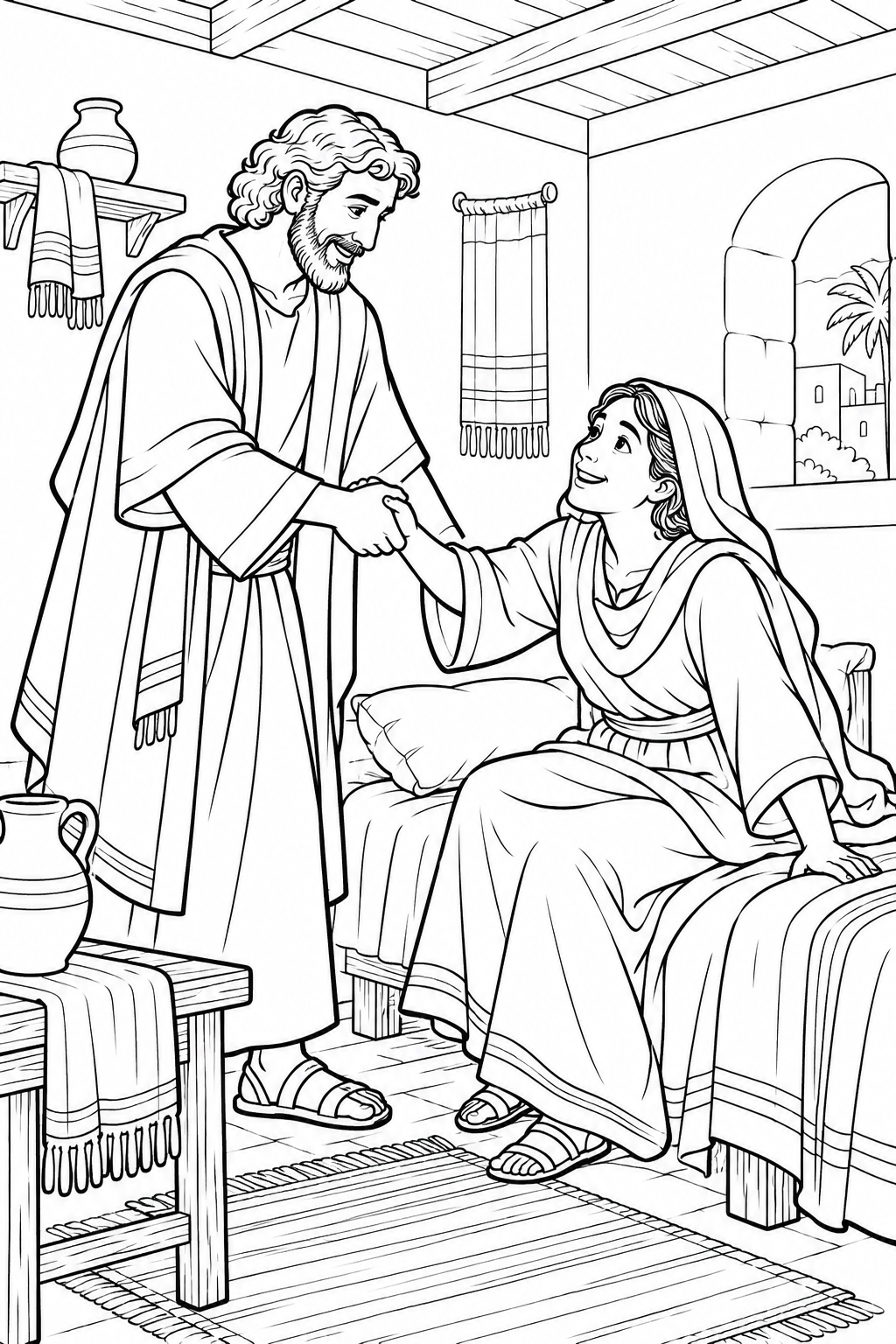 Peter Helps Tabitha Stand from Tabitha Is Restored to Life Bible coloring page