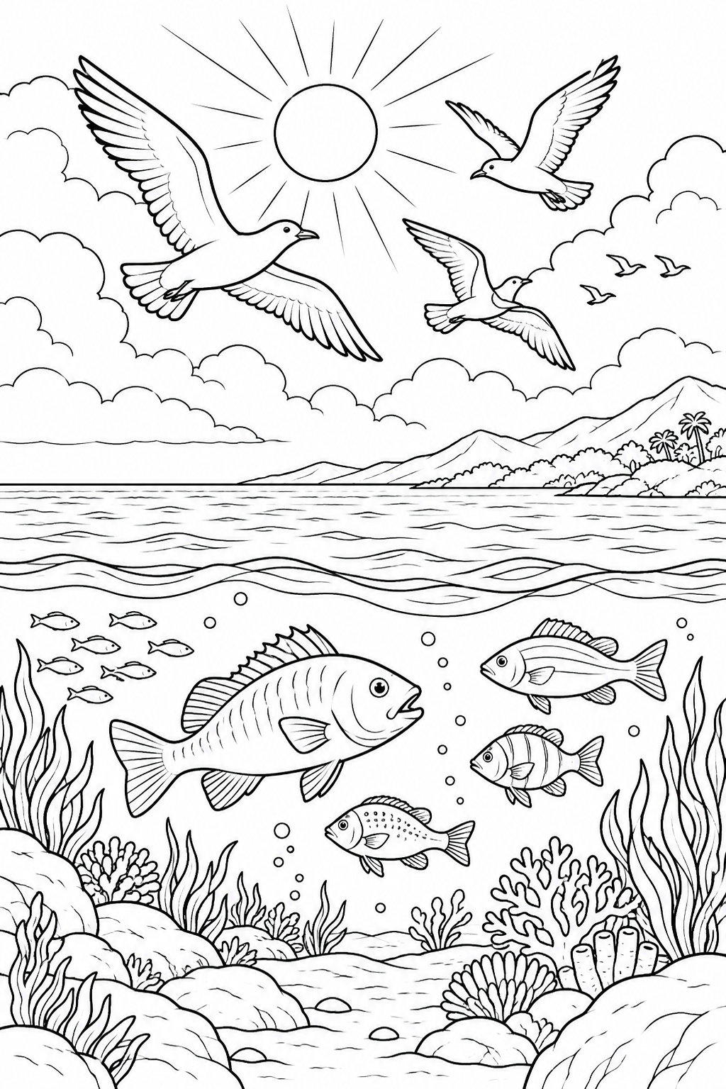 Fish and Birds from Creation of the World Bible coloring page