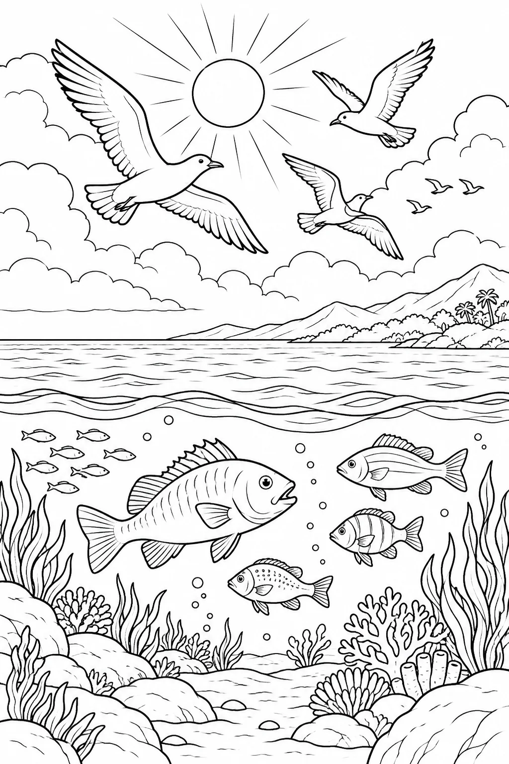 Fish and Birds Bible coloring page