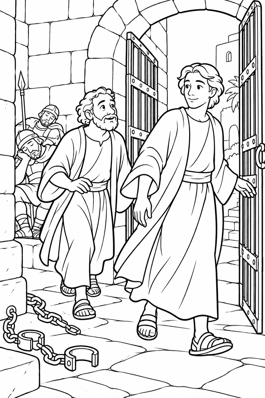 Peter Follows the Angel from Peter Is Released from Prison Bible coloring page