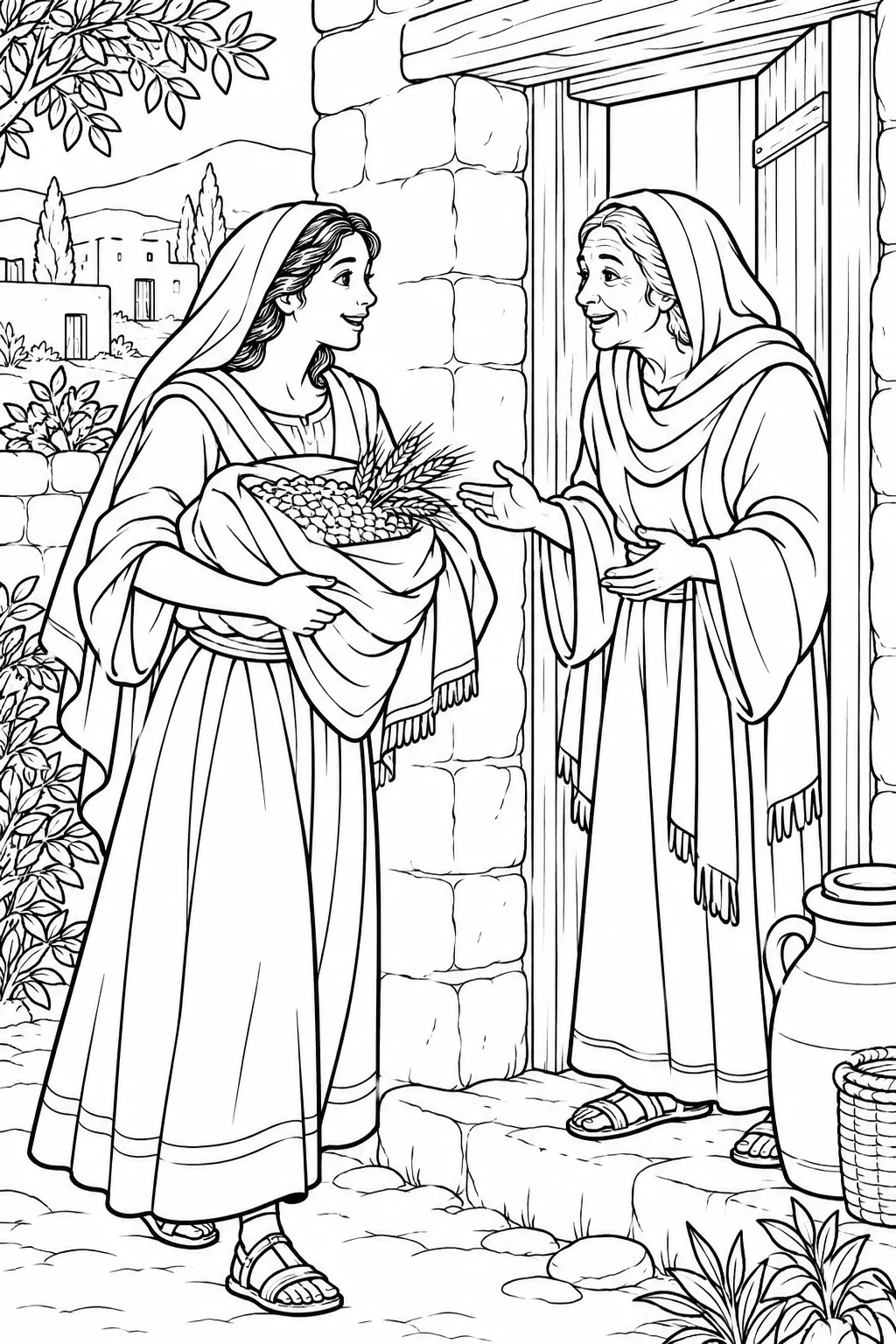 Ruth Brings Barley to Naomi Bible coloring page