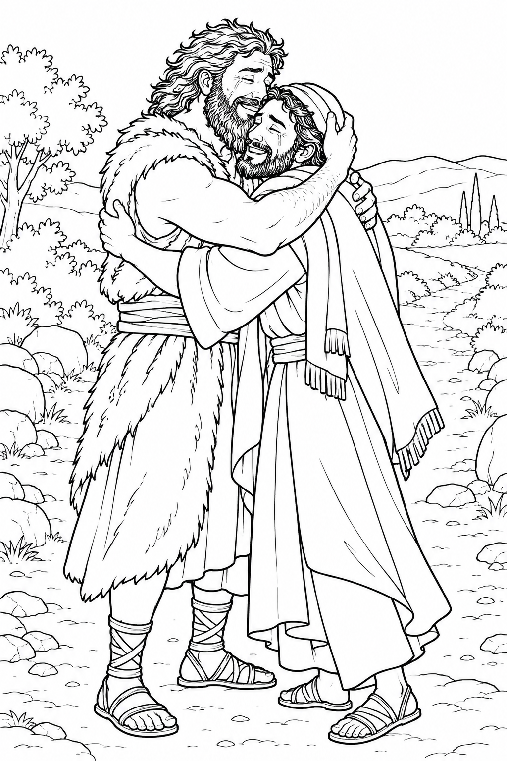 Esau Embraces Jacob from Jacob and Esau Reconcile Bible coloring page