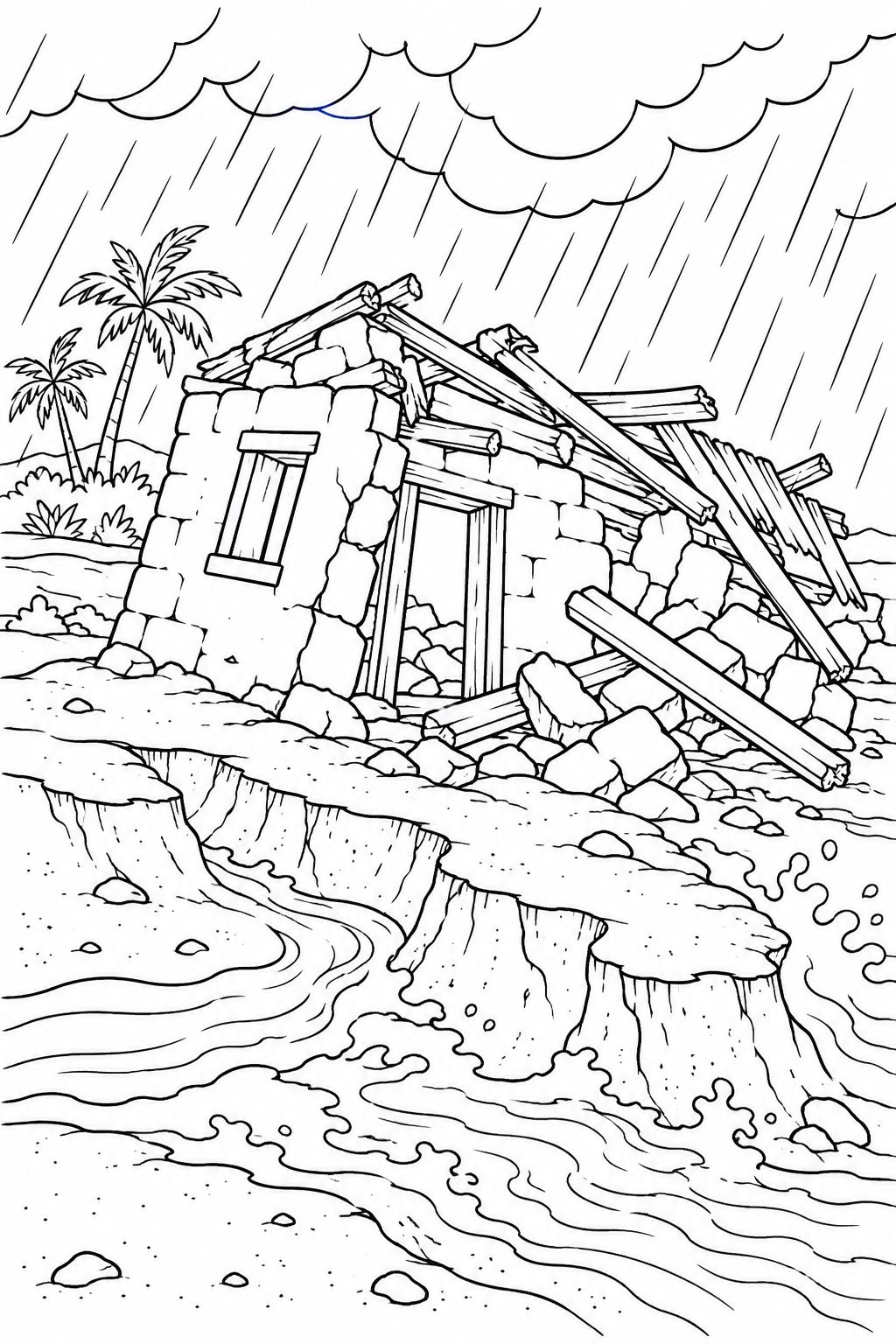 The House on the Sand from The Wise and Foolish Builders Bible coloring page