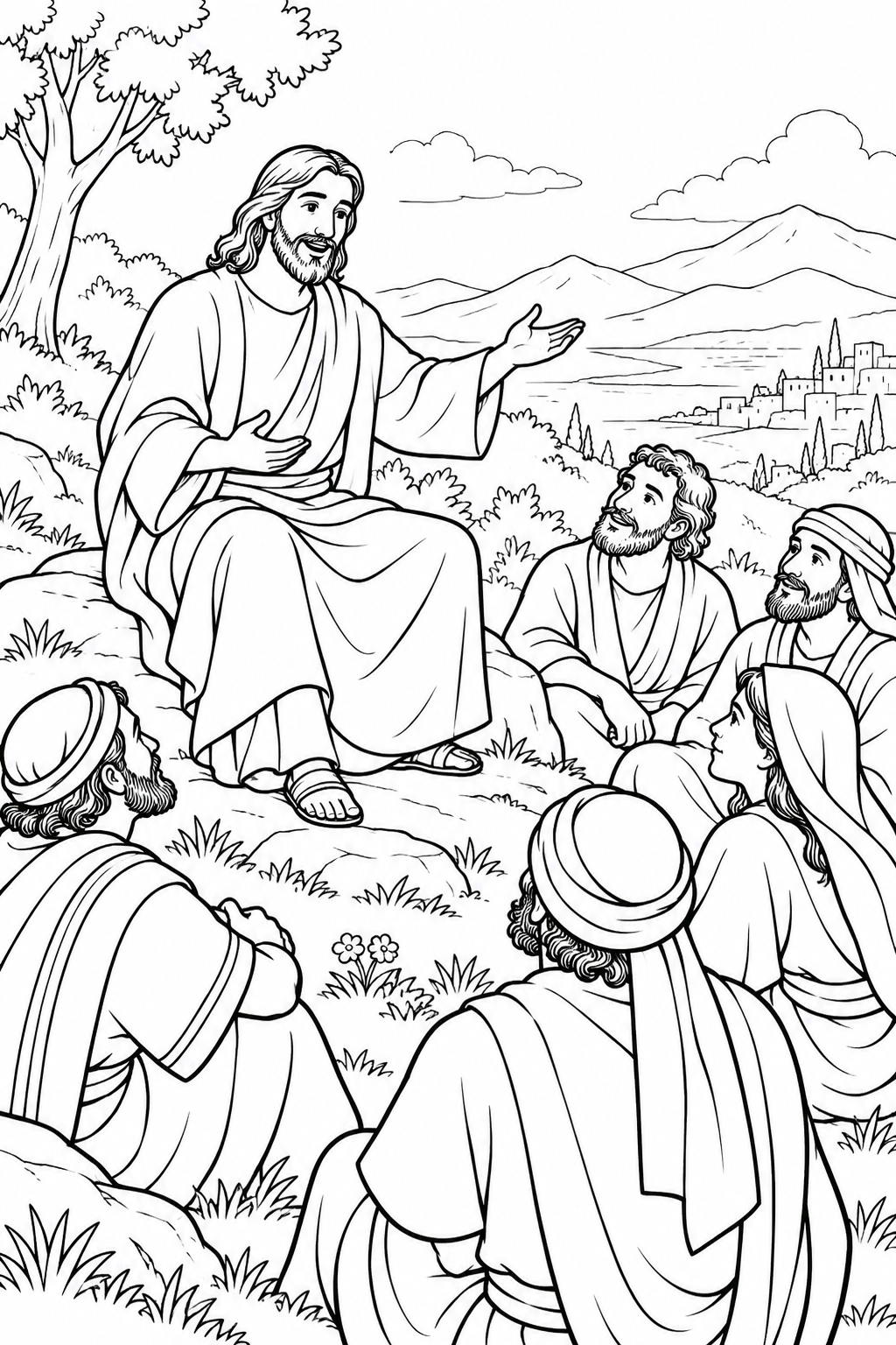 Jesus Teaches on the Mountain from The Sermon on the Mount Bible coloring page