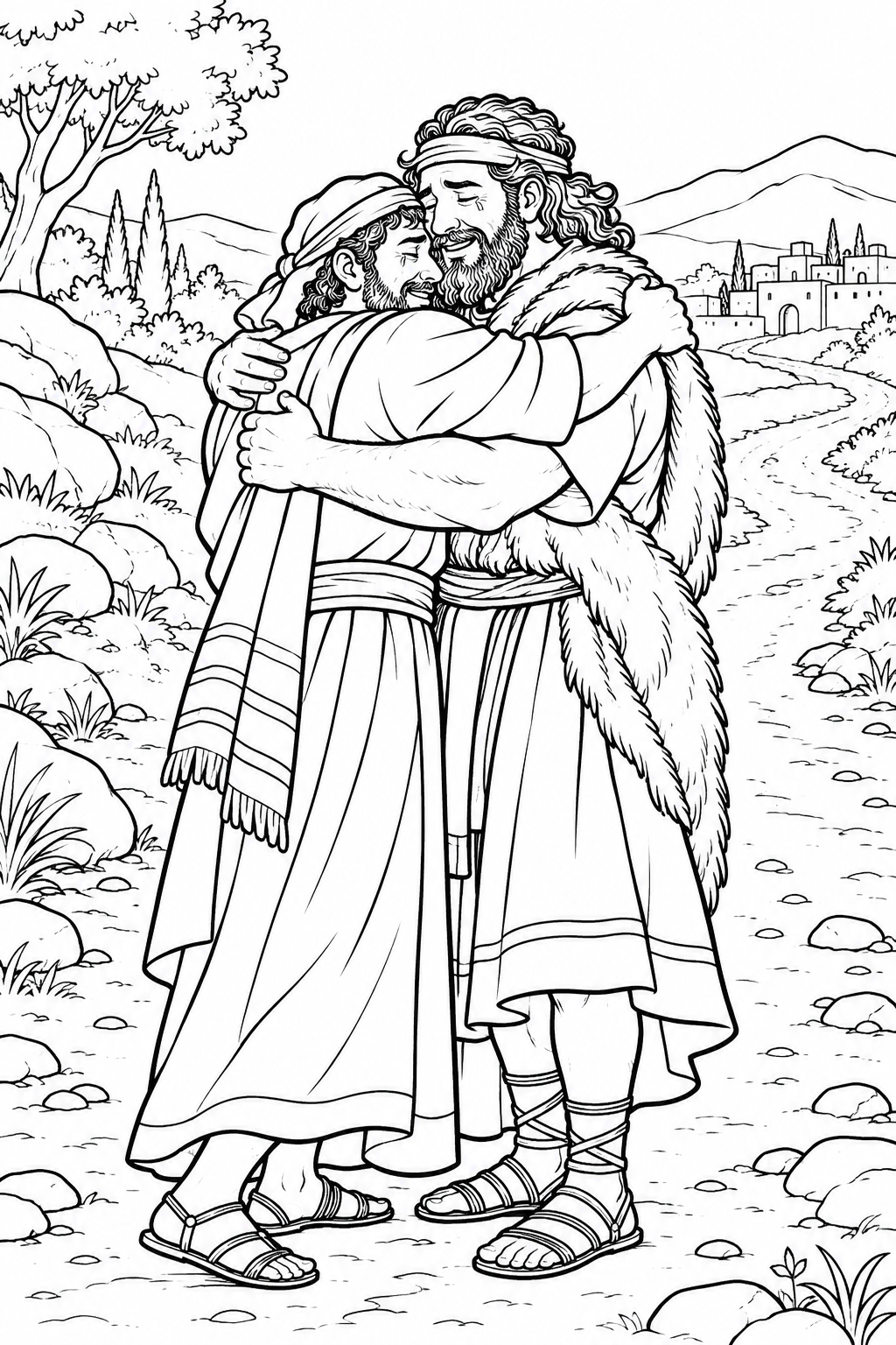 Esau Embraces Jacob from Jacob and Esau Reconcile Bible coloring page