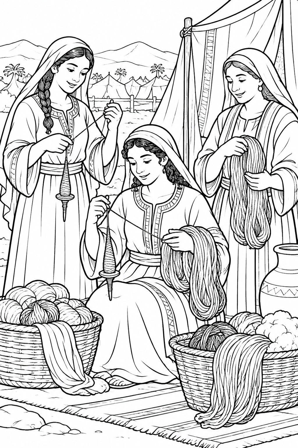 Women Prepare Thread for the Tabernacle from Gifts for the Tabernacle Bible coloring page