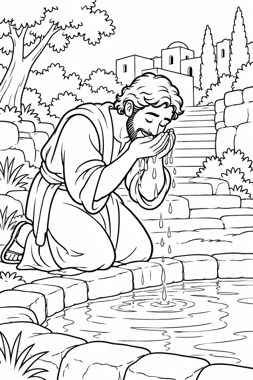 The Man Washes at Siloam Bible coloring page