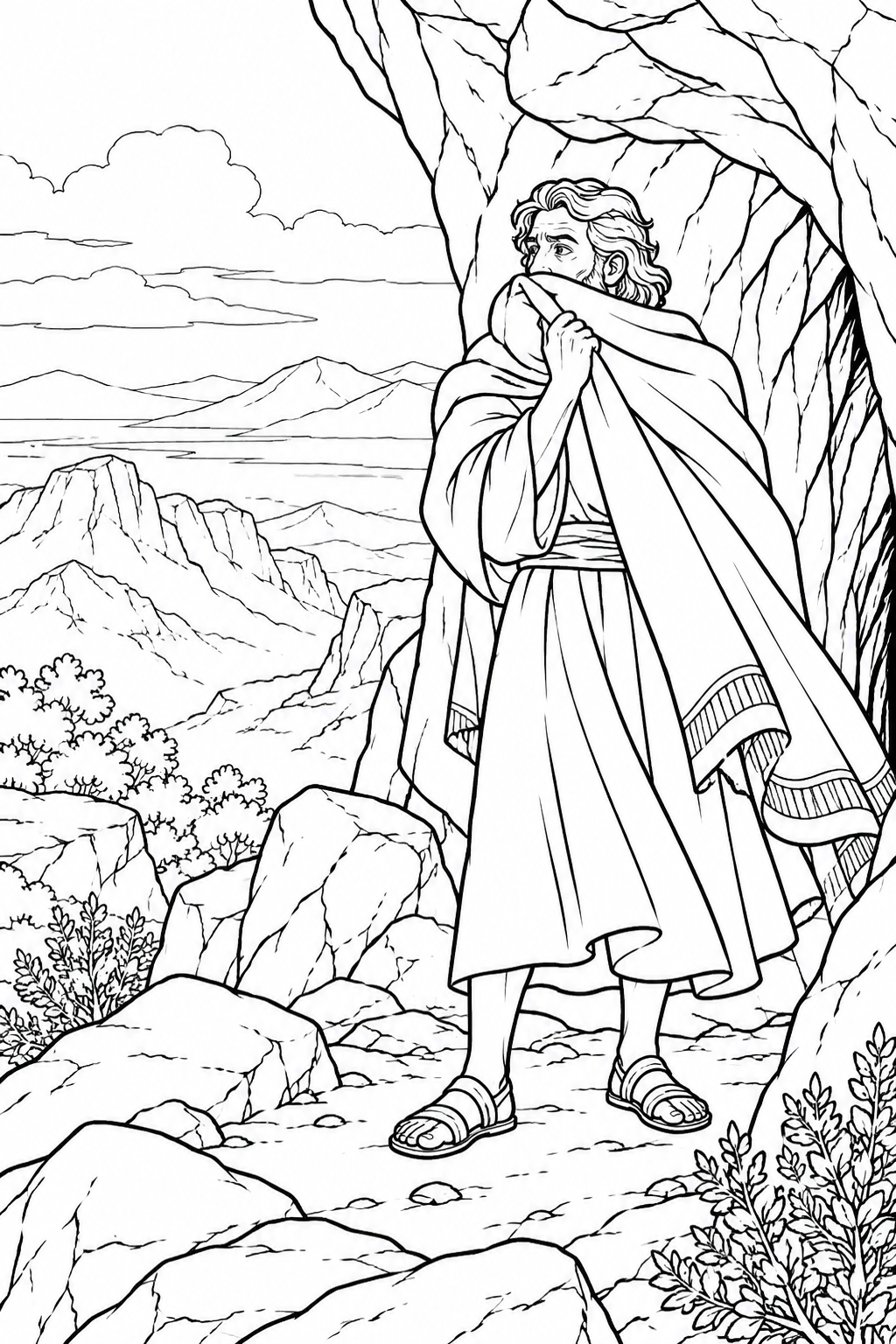 Elijah at the Cave Entrance from Elijah Hears the Gentle Whisper Bible coloring page